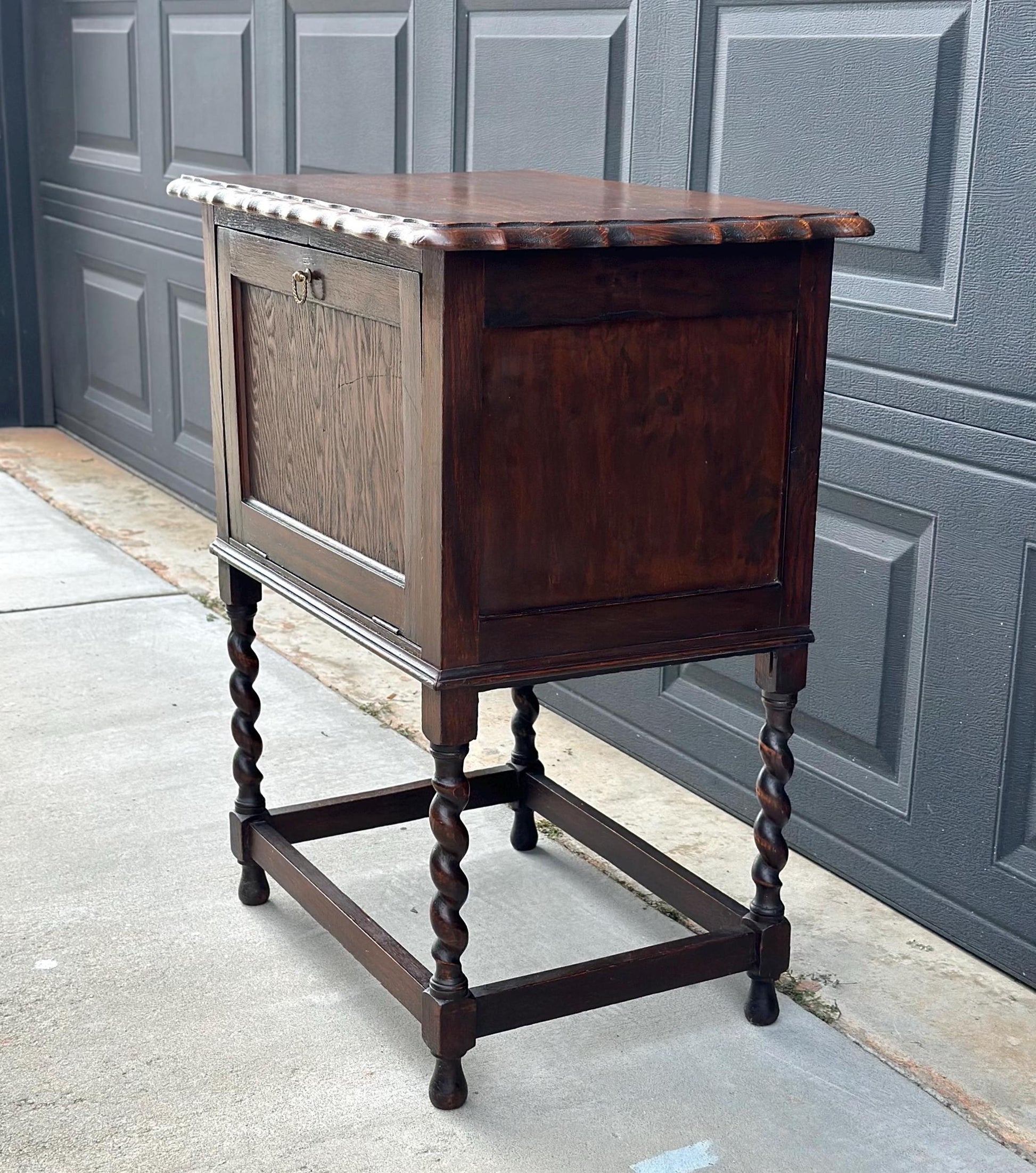 Antique Early 1900's Barley Twist Dark Oak Raised Accent Cabinet