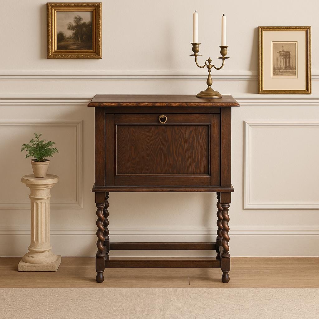 Antique Early 1900's Barley Twist Dark Oak Raised Accent Cabinet