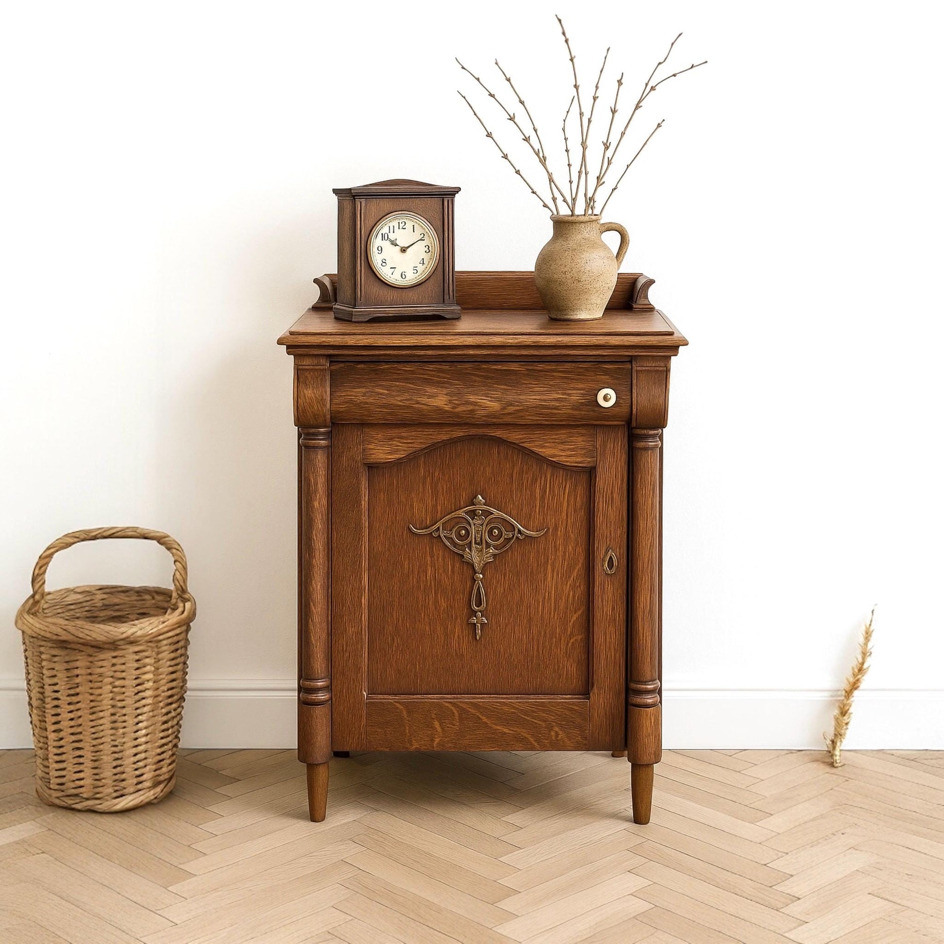 Antique Late 1800's Quarter Sawn Oak Carved Accent Cabinet