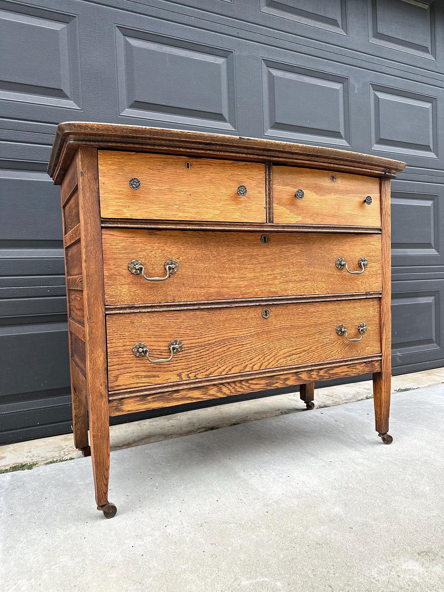 Antique Early 1900's Solid Wood Quarter Sawn Oak Four Drawer Raised Chest on Casters