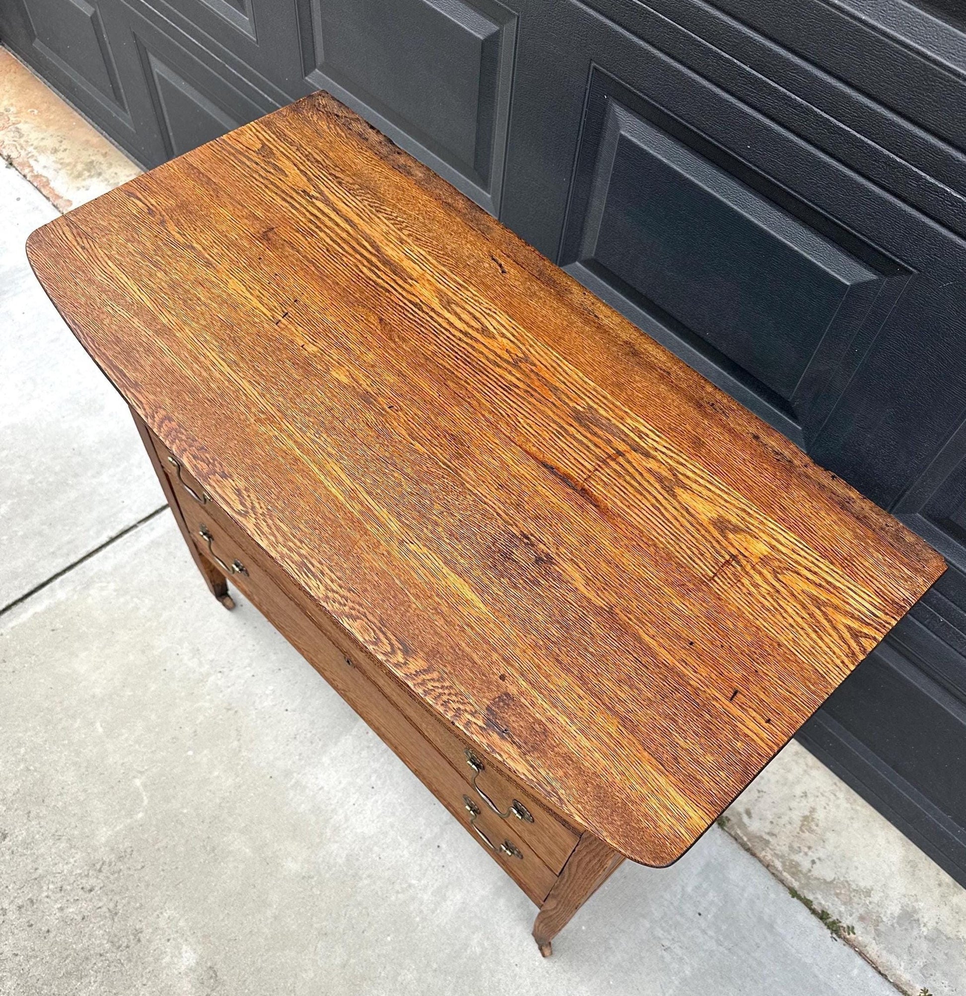 Antique Early 1900's Solid Wood Quarter Sawn Oak Four Drawer Raised Chest on Casters