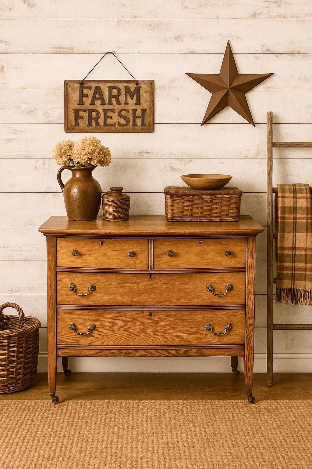 Antique Early 1900's Solid Wood Quarter Sawn Oak Four Drawer Raised Chest on Casters