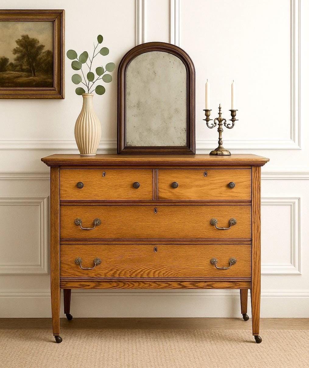 Antique Early 1900's Solid Wood Quarter Sawn Oak Four Drawer Raised Chest on Casters