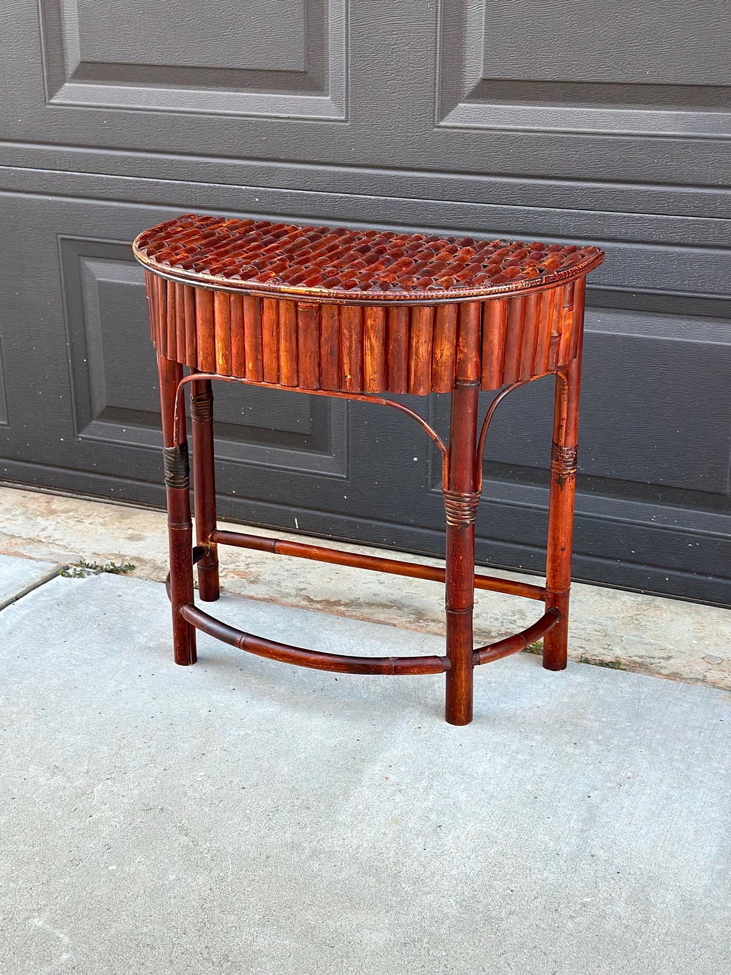 Vintage Mid 1900's Small Reeded Bamboo Half Round Accent Table