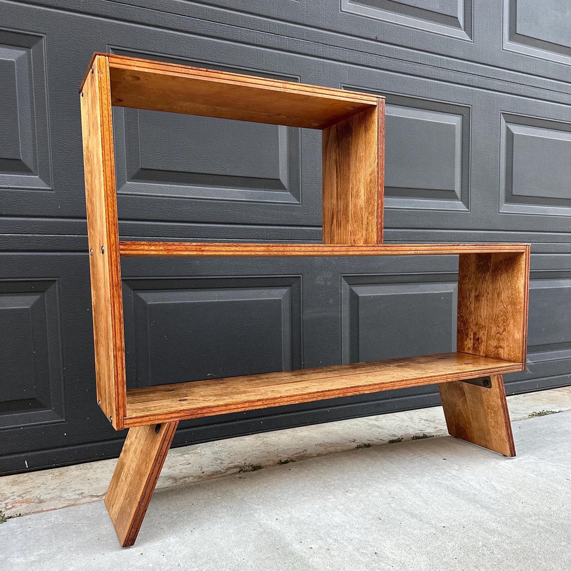 Vintage Mid 1900's Solid Cherry Wood Asymmetrical Tiered Bookcase