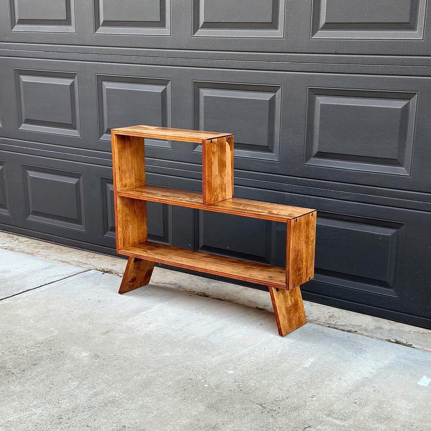 Vintage Mid 1900's Solid Cherry Wood Asymmetrical Tiered Bookcase