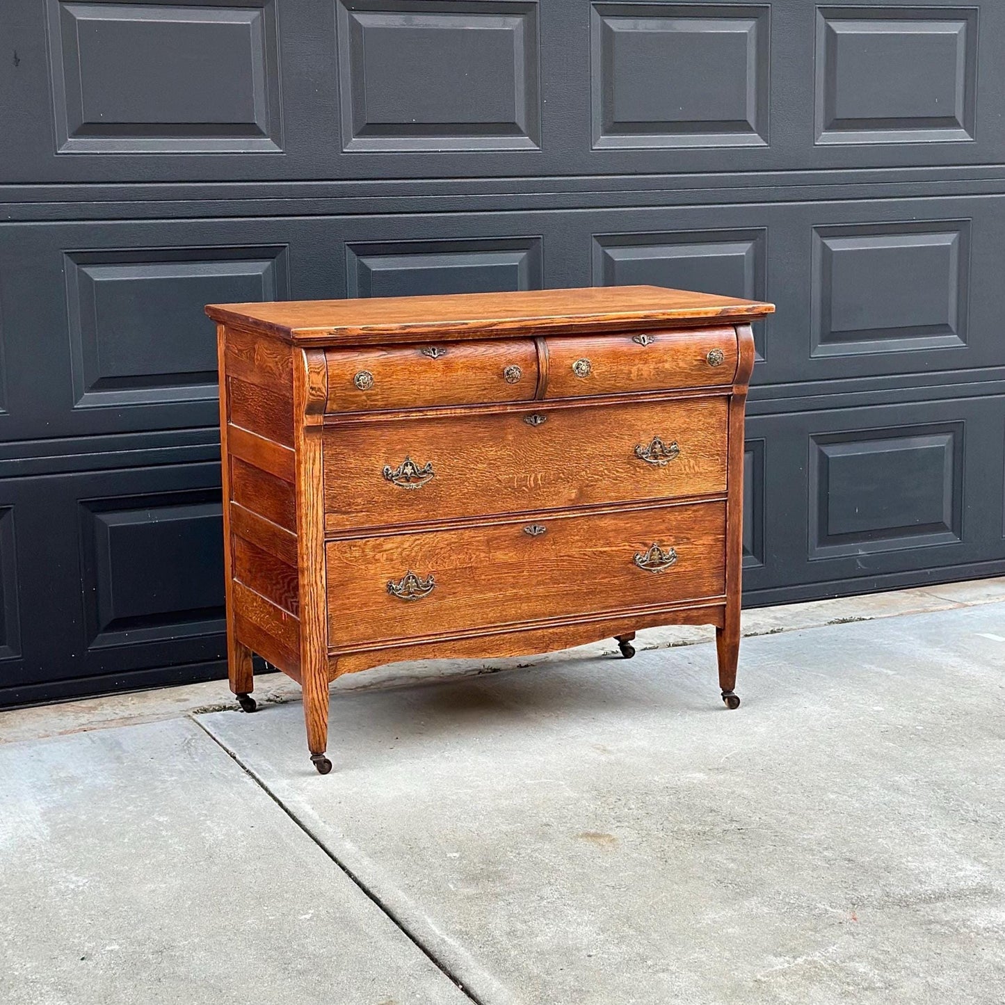 Antique Early 1900's Quarter Sawn Oak Dresser Console on Casters