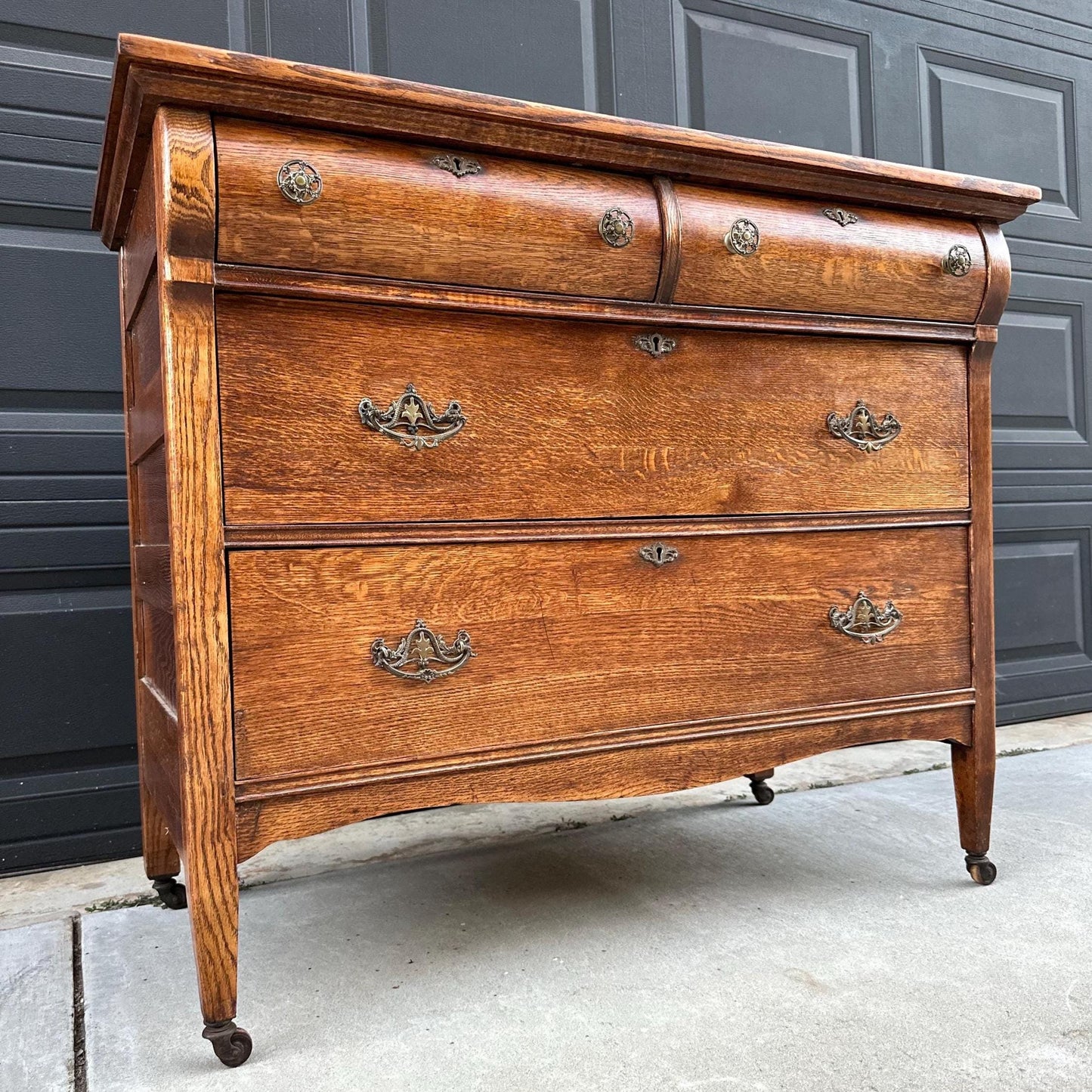 Antique Early 1900's Quarter Sawn Oak Dresser Console on Casters
