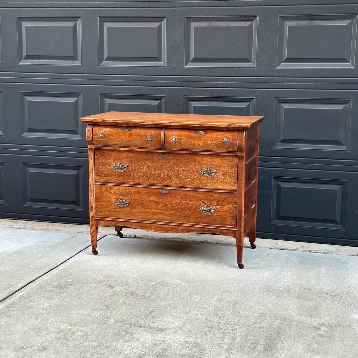Antique Early 1900's Quarter Sawn Oak Dresser Console on Casters