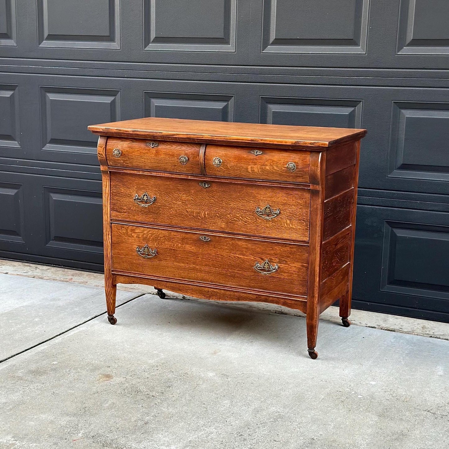 Antique Early 1900's Quarter Sawn Oak Dresser Console on Casters