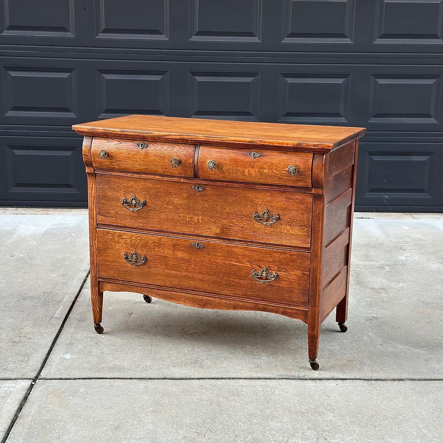 Antique Early 1900's Quarter Sawn Oak Dresser Console on Casters