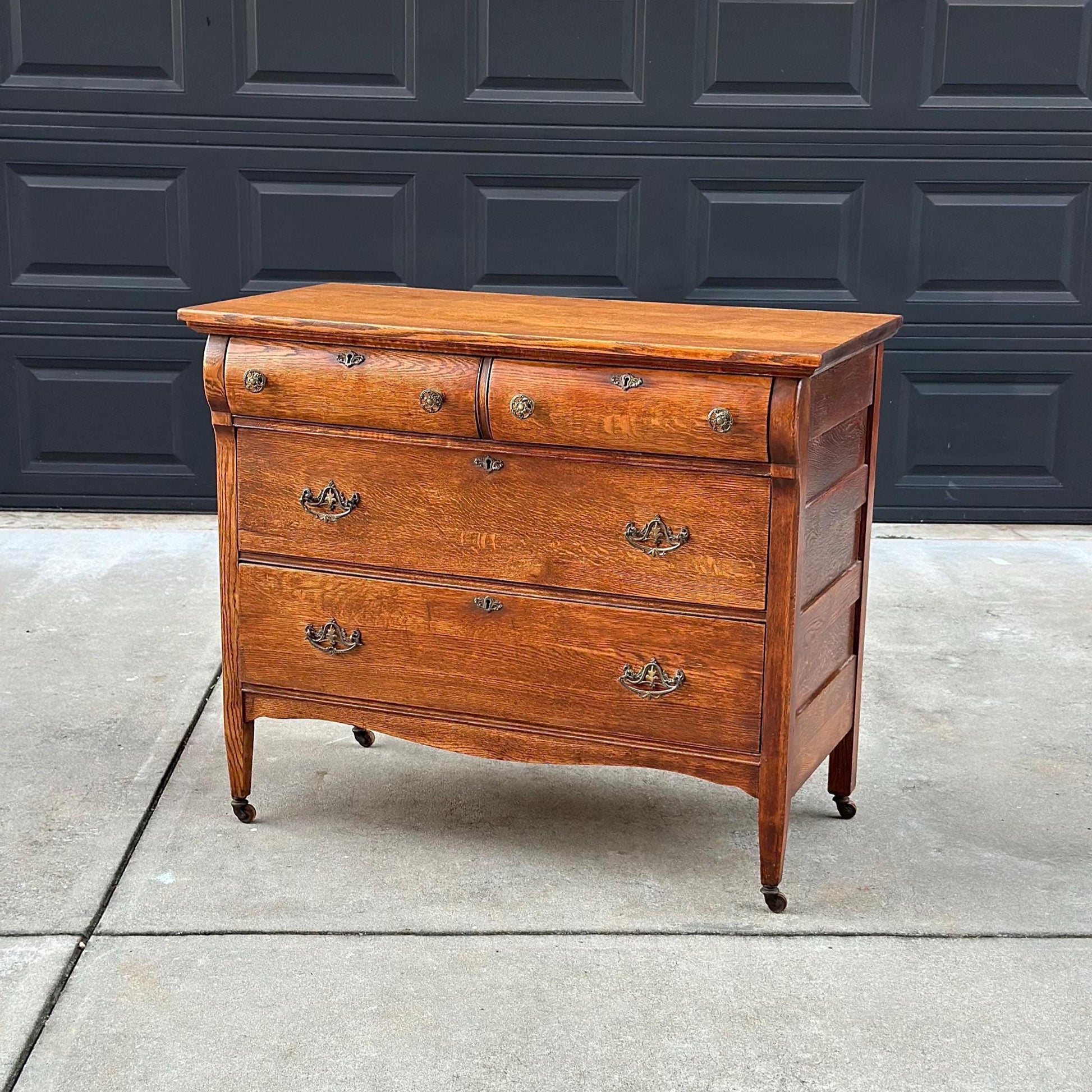 Antique Early 1900's Quarter Sawn Oak Dresser Console on Casters