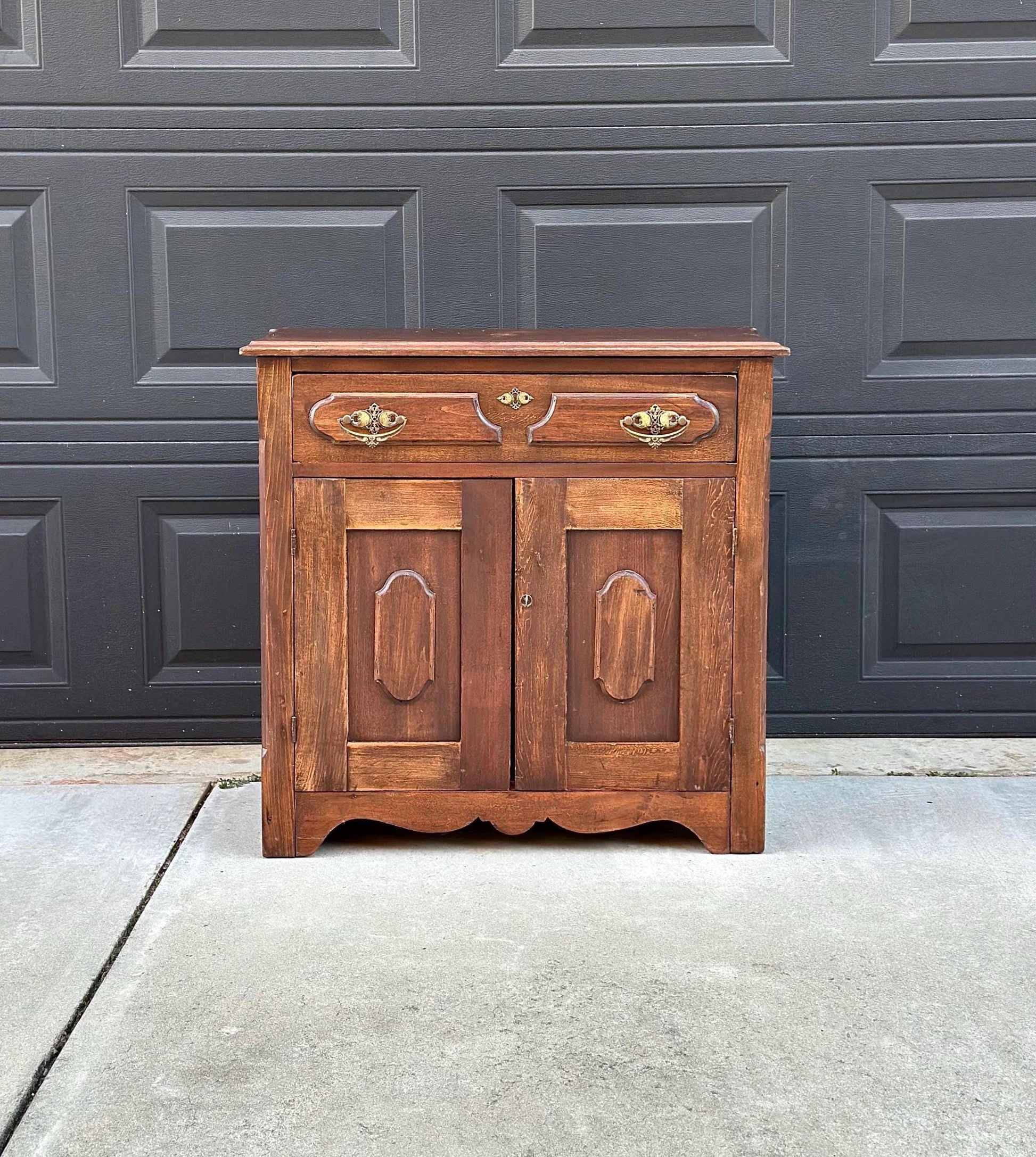Antique 1880's Solid Oak Wood Single Drawer Cabinet Storage Chest with Towel Bar