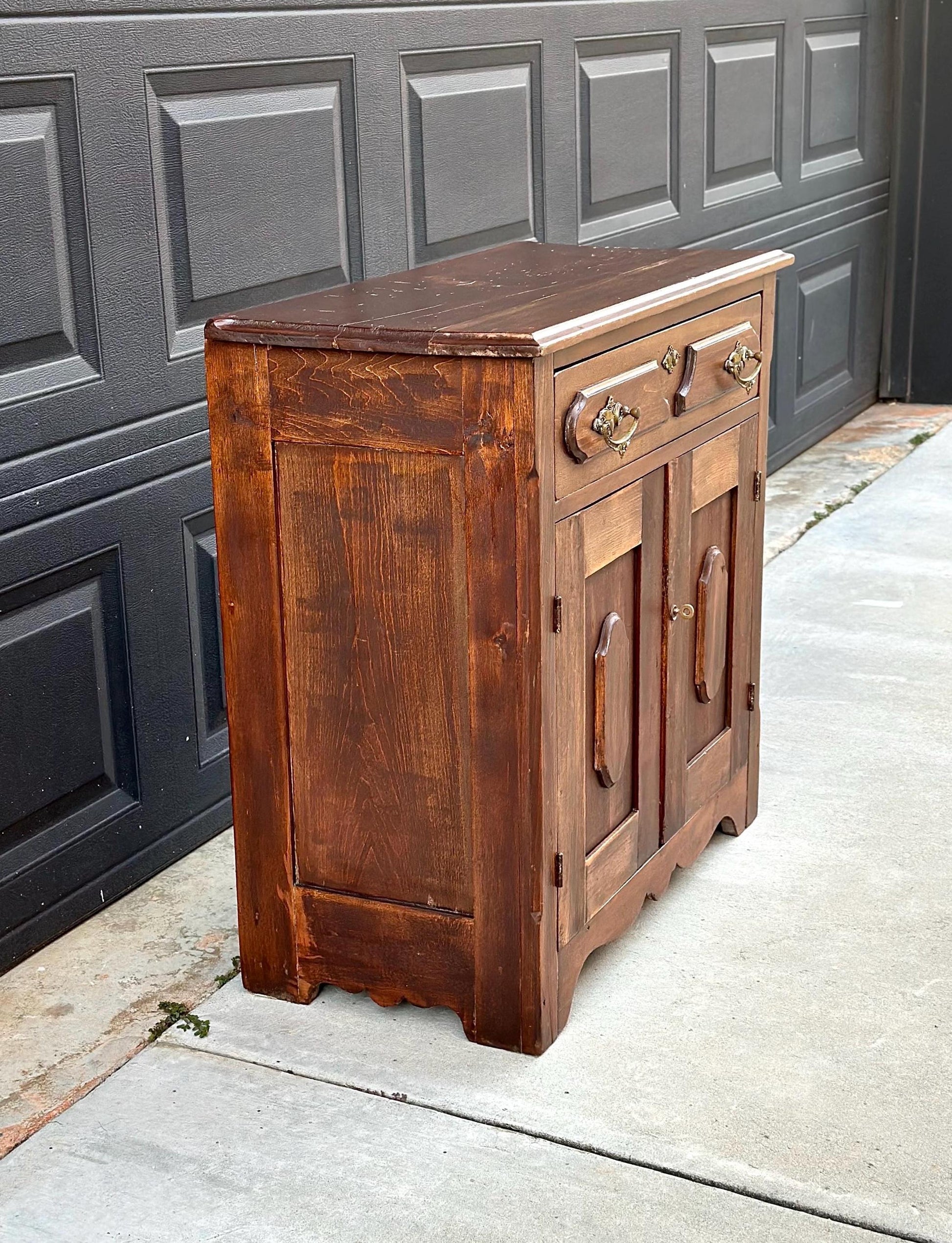 Antique 1880's Solid Oak Wood Single Drawer Cabinet Storage Chest with Towel Bar