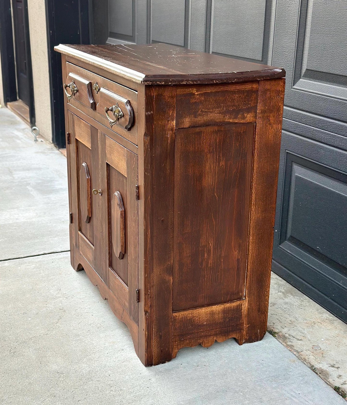 Antique 1880's Solid Oak Wood Single Drawer Cabinet Storage Chest with Towel Bar