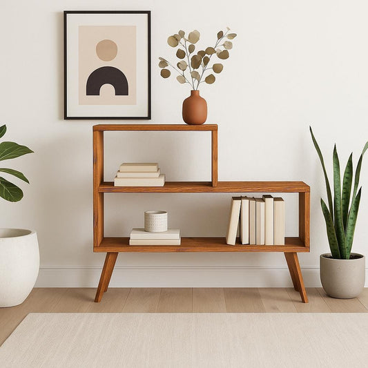 Vintage Mid 1900's Solid Cherry Wood Asymmetrical Tiered Bookcase