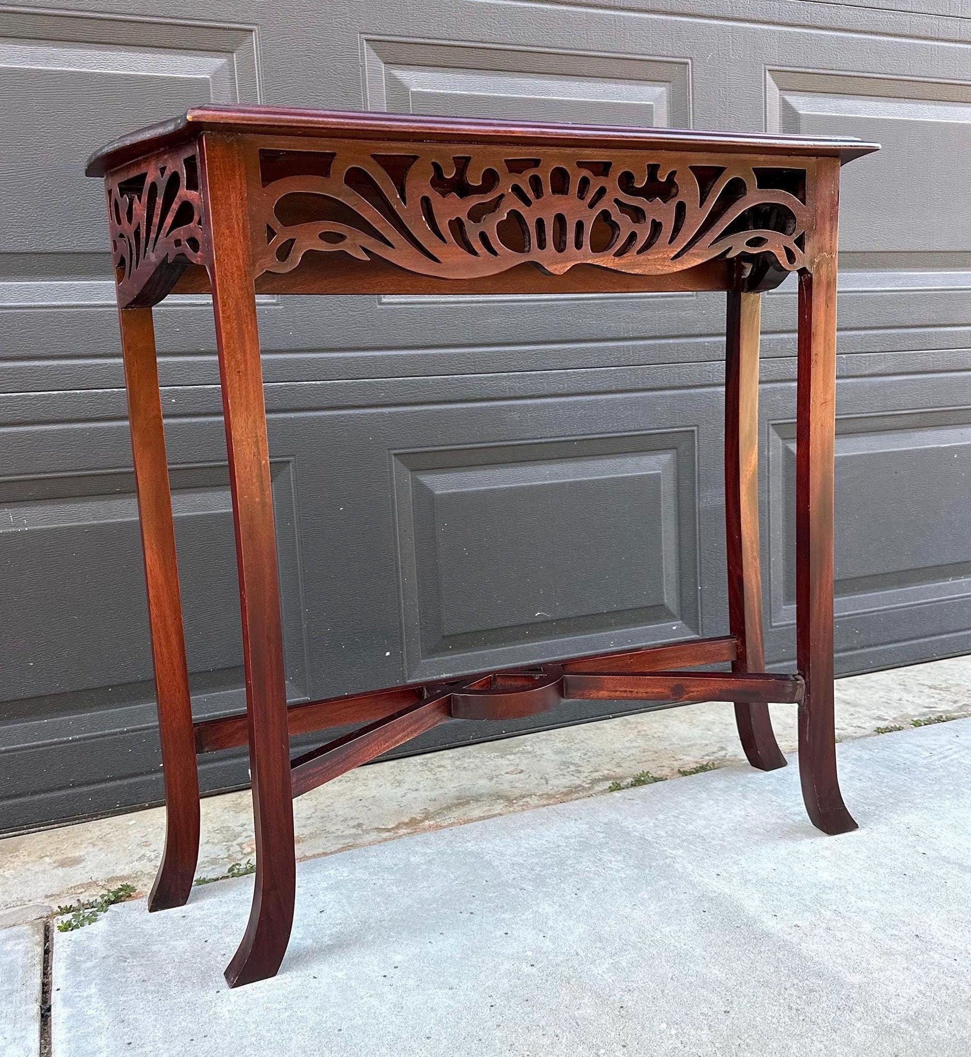 Antique Early 1900's Solid Wood Carved Punched Console Sofa Table