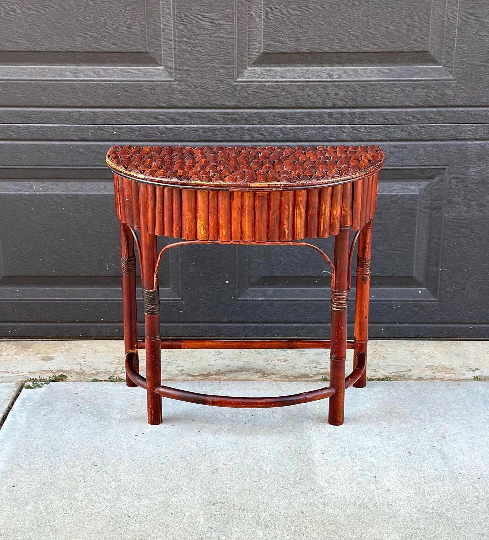 Vintage Mid 1900's Small Reeded Bamboo Half Round Accent Table