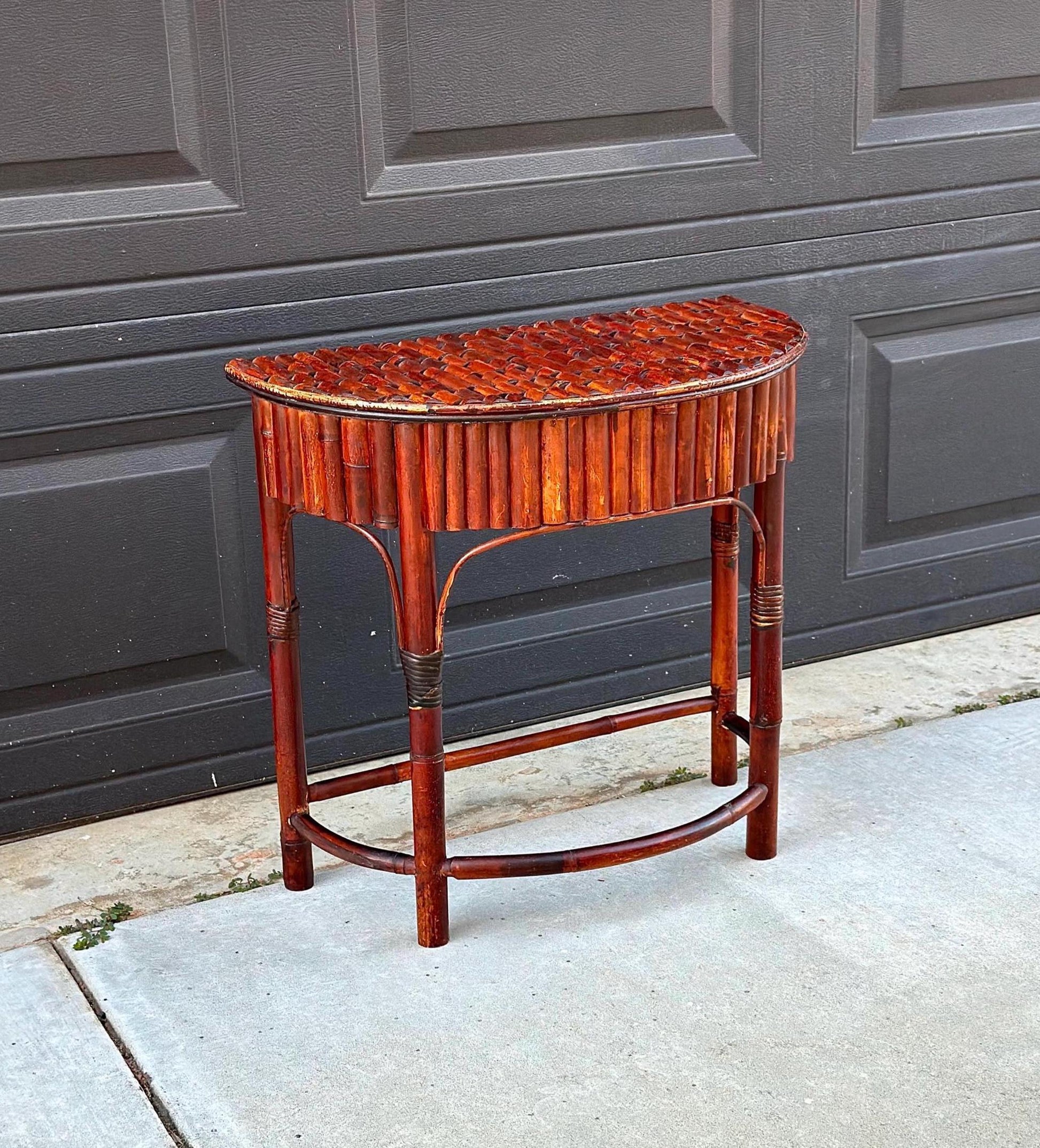 Vintage Mid 1900's Small Reeded Bamboo Half Round Accent Table