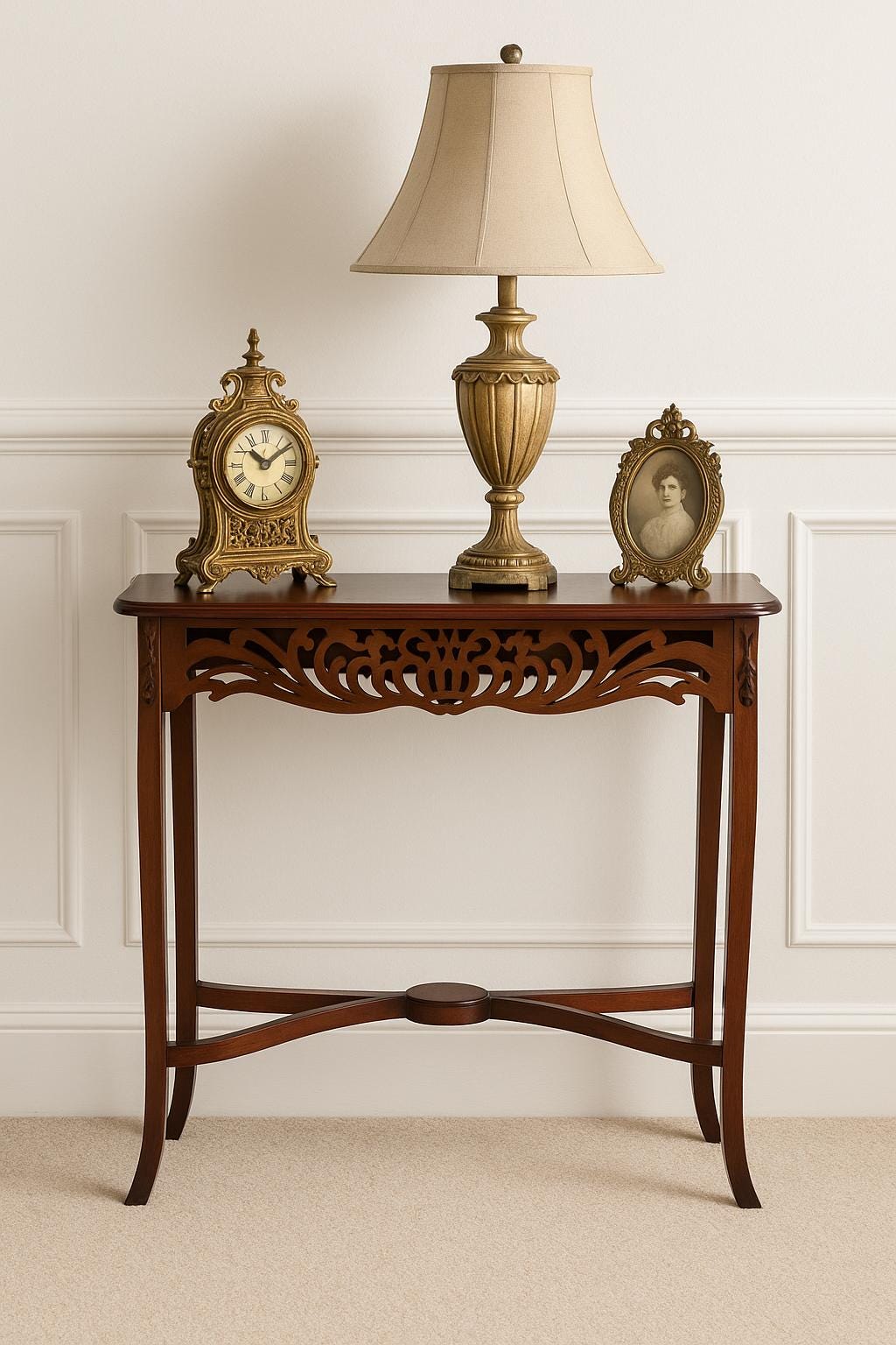 Antique Early 1900's Solid Wood Carved Punched Console Sofa Table