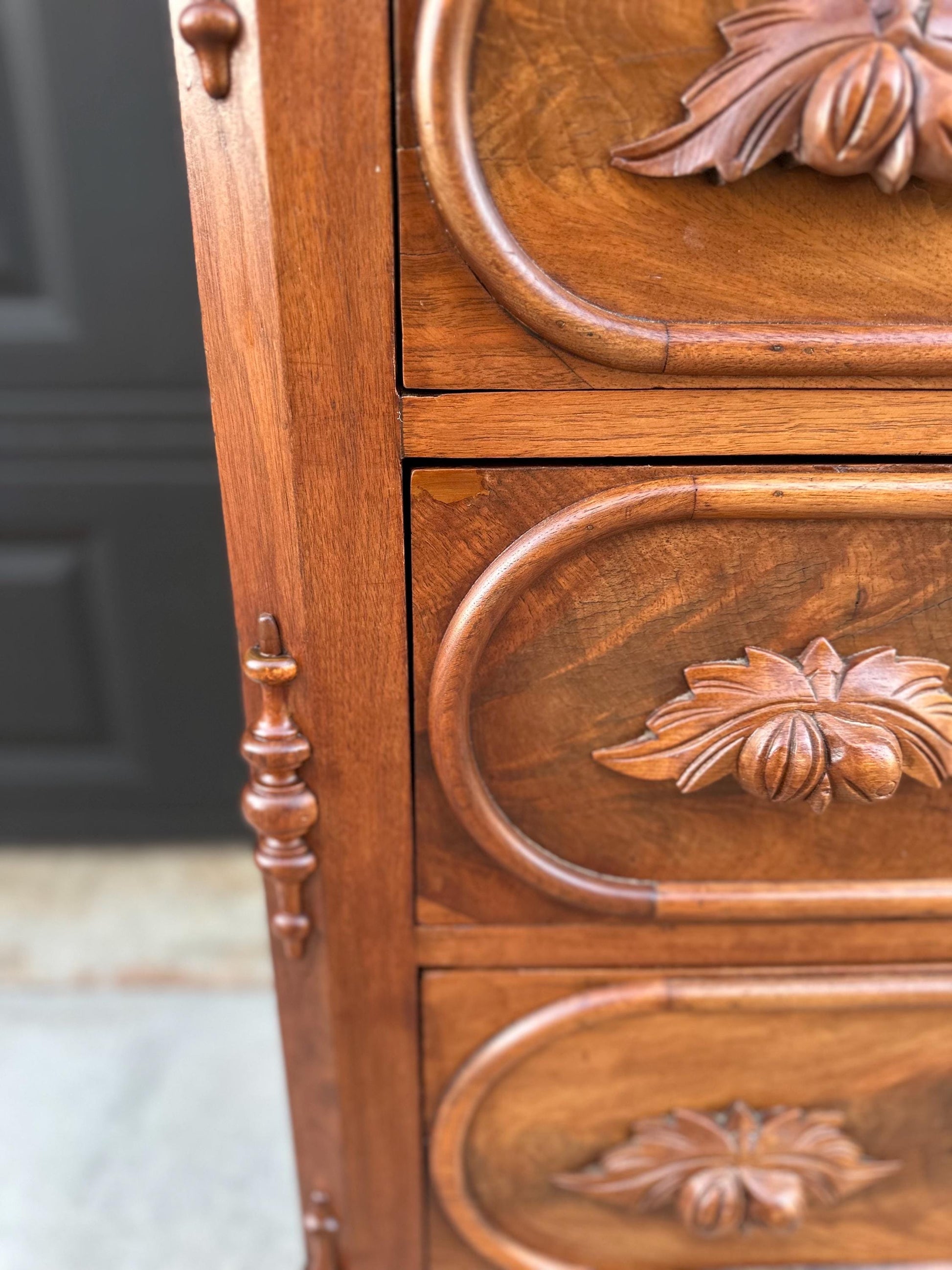 Antique Mid 1800's Walnut Wood & Marble Three Drawer Victorian Dresser on Casters