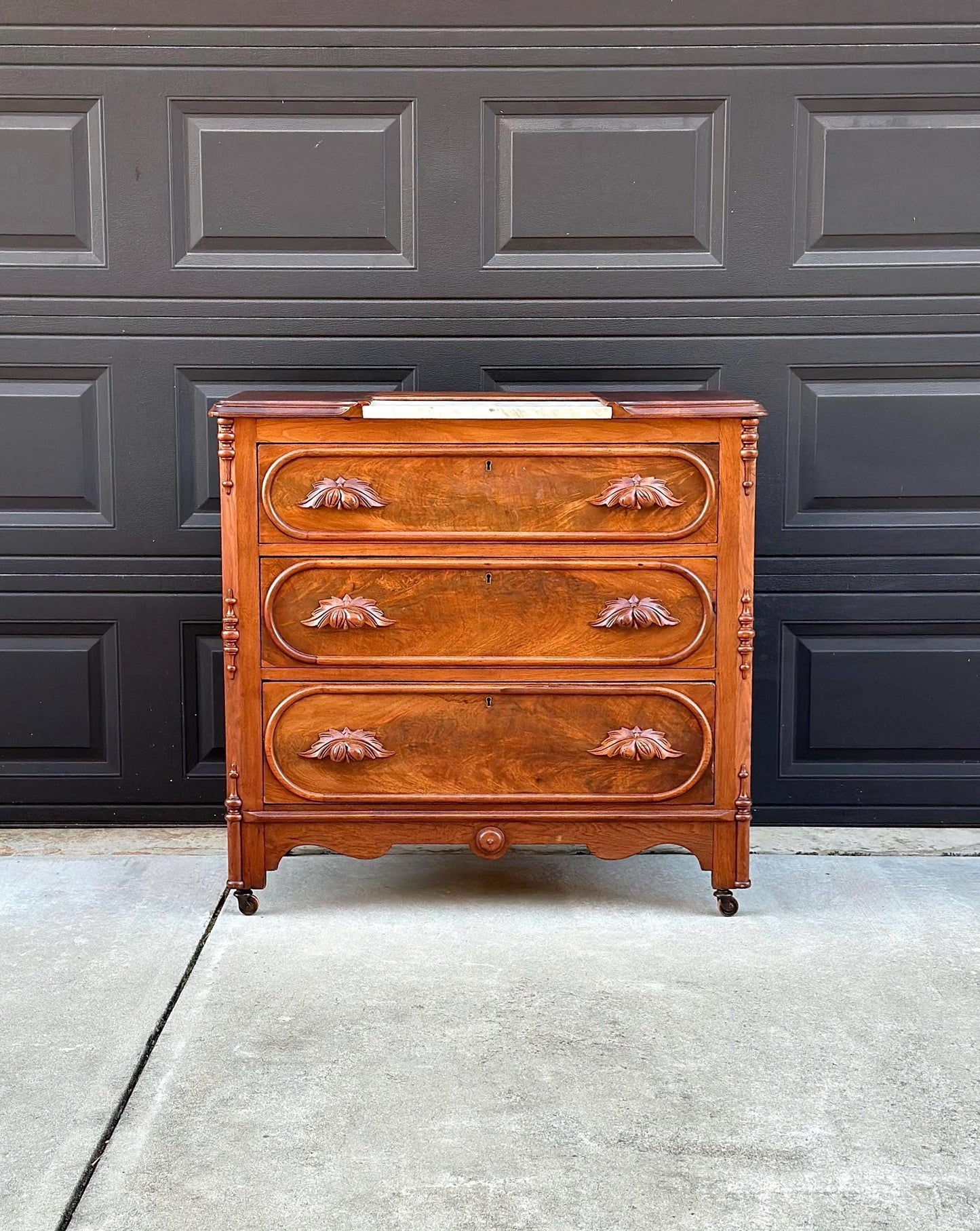Antique Mid 1800's Walnut Wood & Marble Three Drawer Victorian Dresser on Casters
