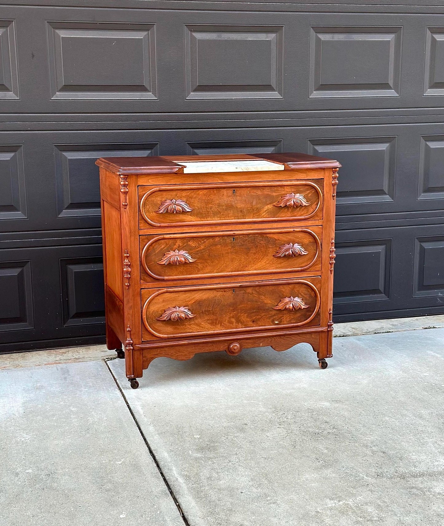 Antique Mid 1800's Walnut Wood & Marble Three Drawer Victorian Dresser on Casters
