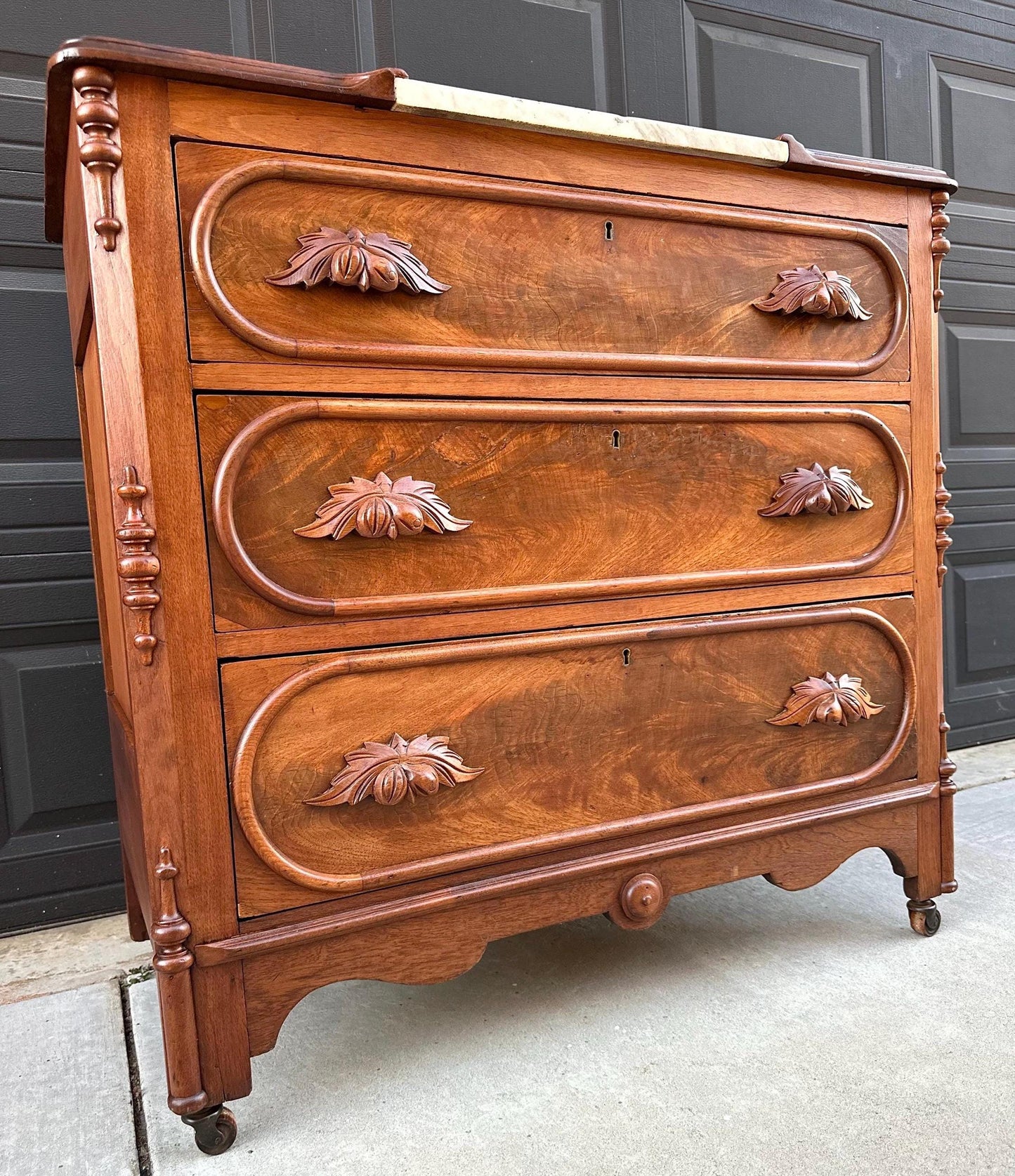 Antique Mid 1800's Walnut Wood & Marble Three Drawer Victorian Dresser on Casters