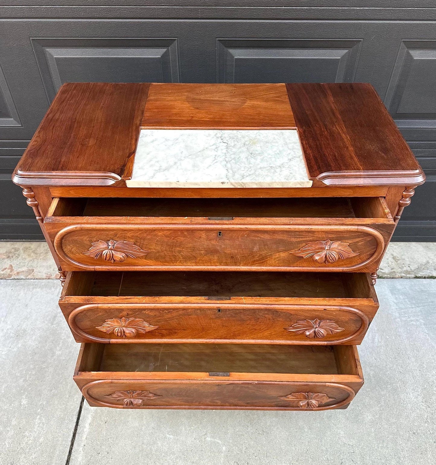 Antique Mid 1800's Walnut Wood & Marble Three Drawer Victorian Dresser on Casters