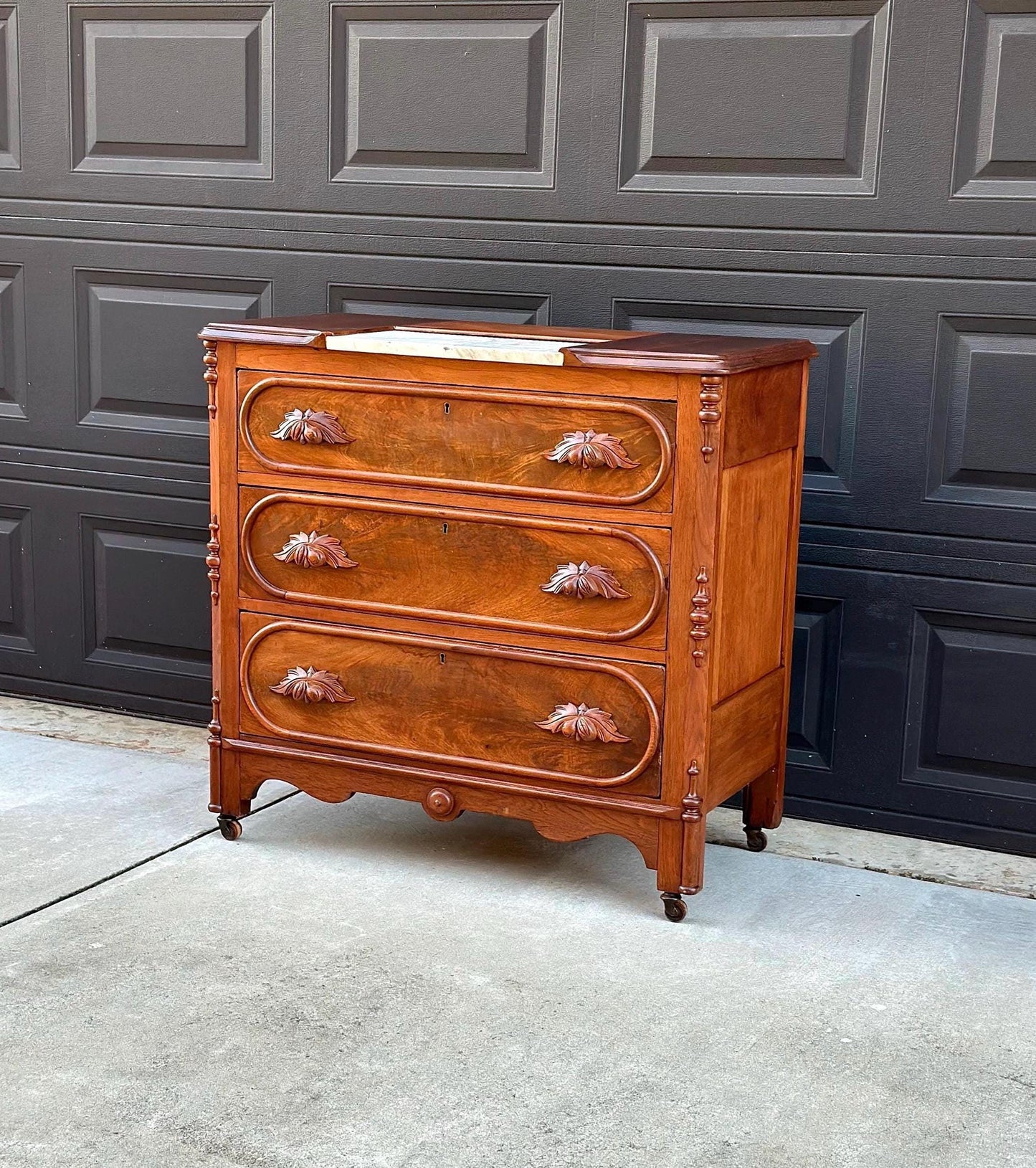 Antique Mid 1800's Walnut Wood & Marble Three Drawer Victorian Dresser on Casters