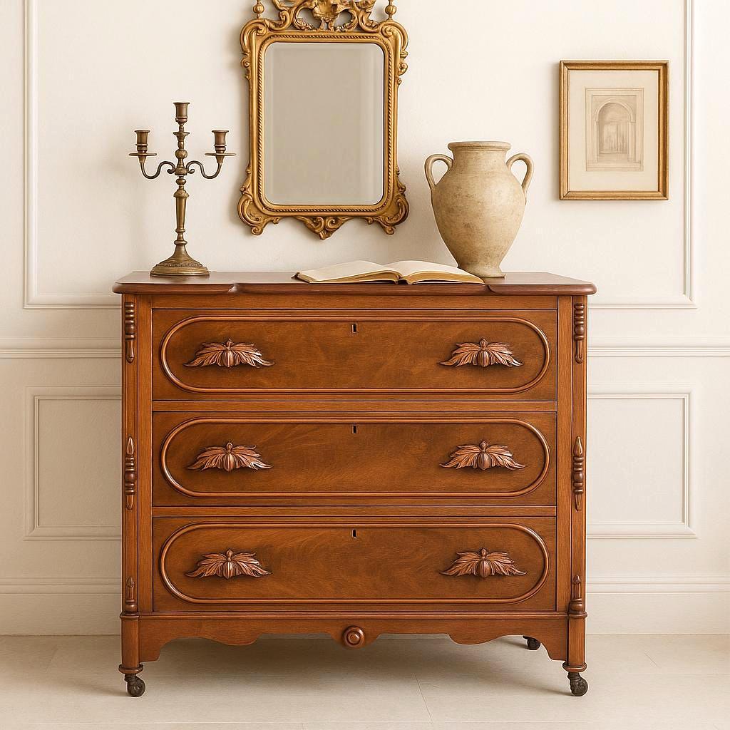 Antique Mid 1800's Walnut Wood & Marble Three Drawer Victorian Dresser on Casters