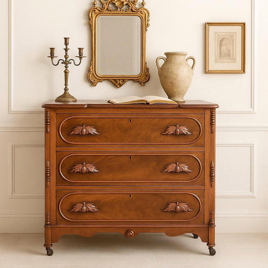Antique Mid 1800's Walnut Wood & Marble Three Drawer Victorian Dresser on Casters