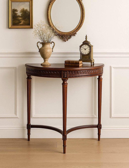 Vintage Mid 1900's Half Round Demilune Mahogany Wood Hall Table