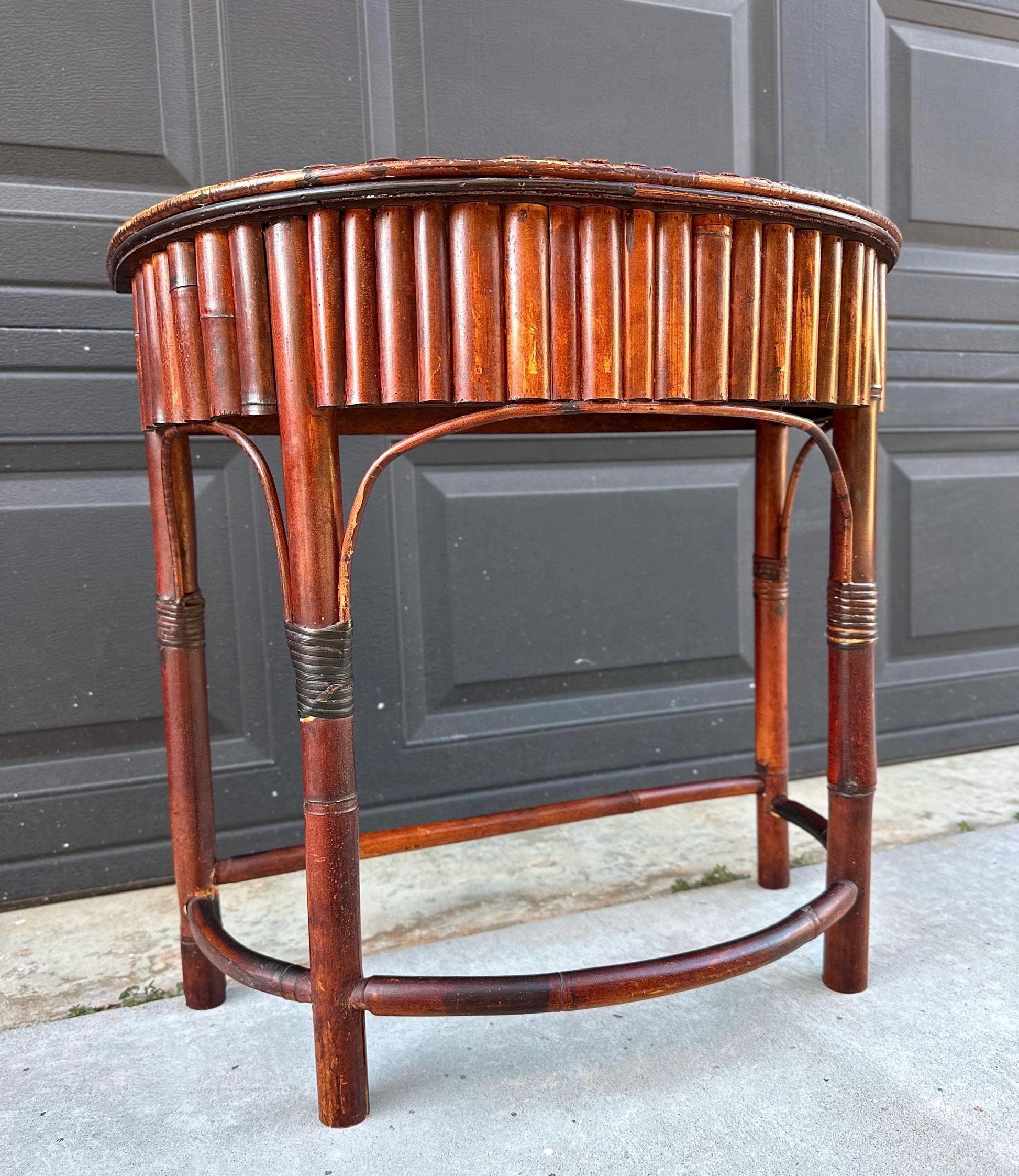 Vintage Mid 1900's Small Reeded Bamboo Half Round Accent Table