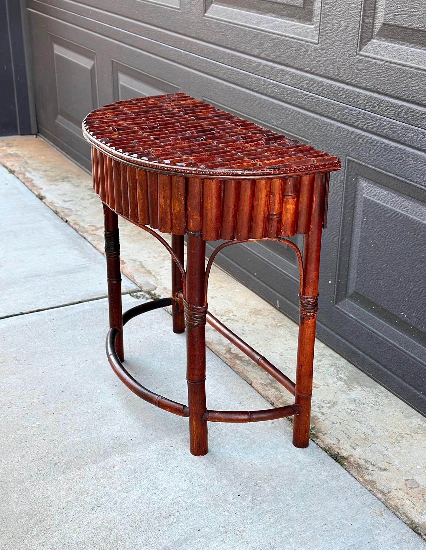 Vintage Mid 1900's Small Reeded Bamboo Half Round Accent Table
