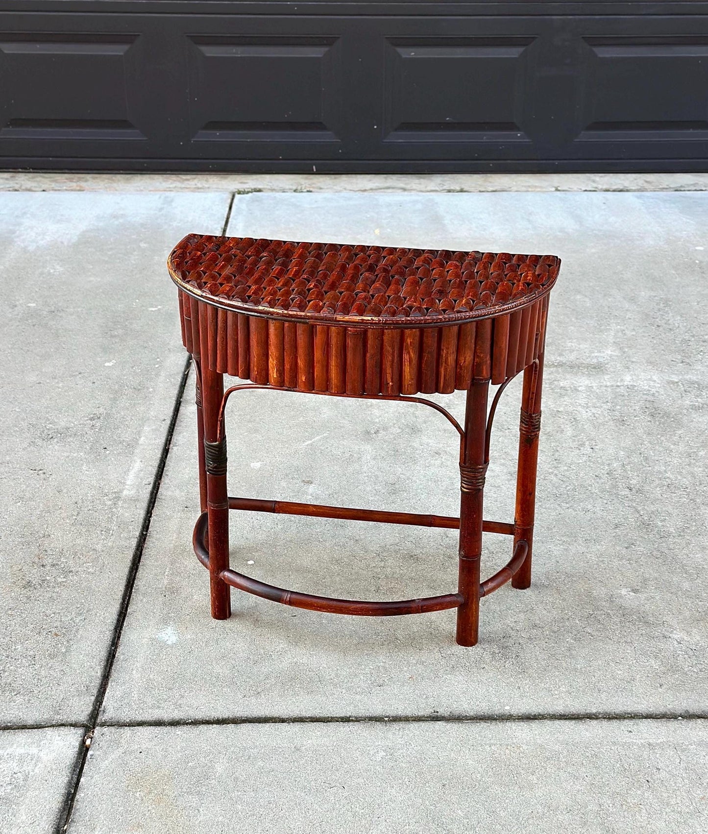 Vintage Mid 1900's Small Reeded Bamboo Half Round Accent Table
