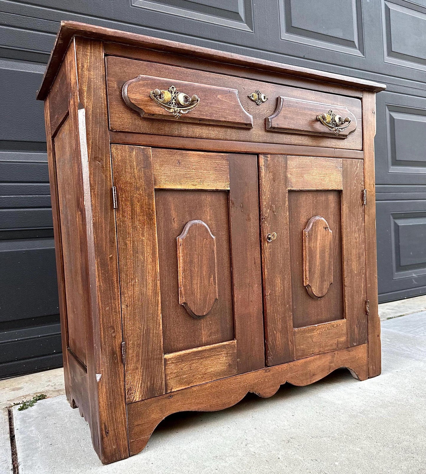 Antique 1880's Solid Oak Wood Single Drawer Cabinet Storage Chest with Towel Bar