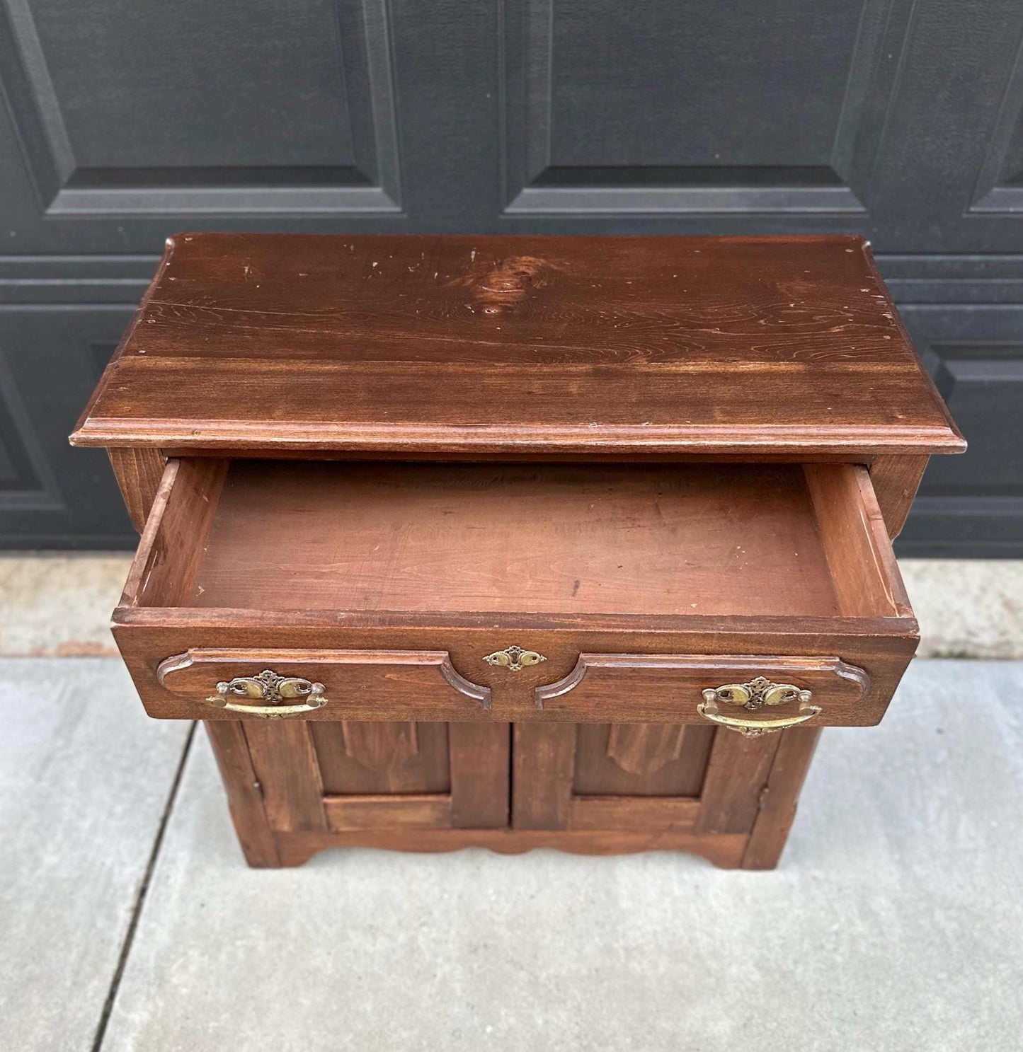 Antique 1880's Solid Oak Wood Single Drawer Cabinet Storage Chest with Towel Bar