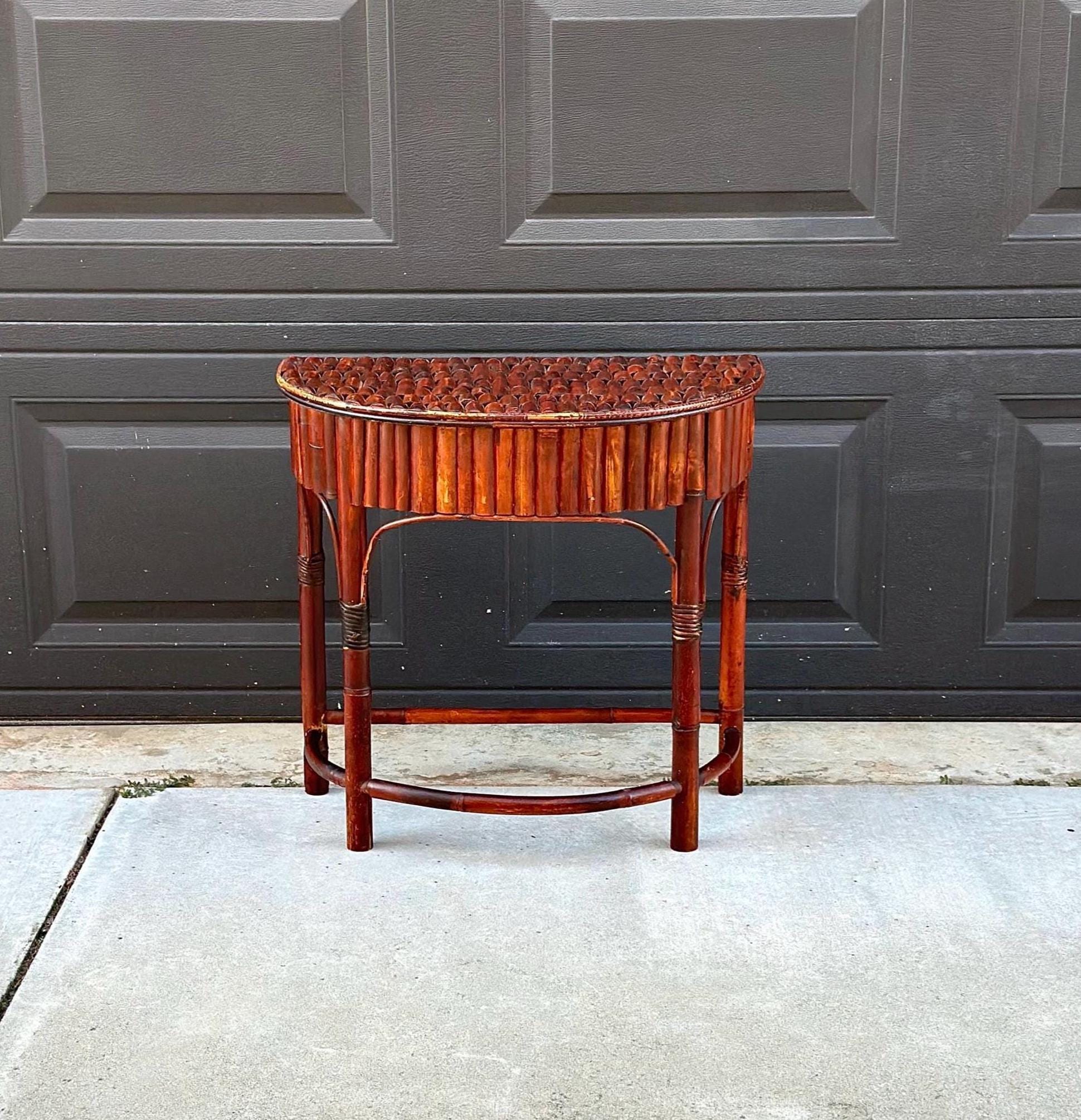 Vintage Mid 1900's Small Reeded Bamboo Half Round Accent Table