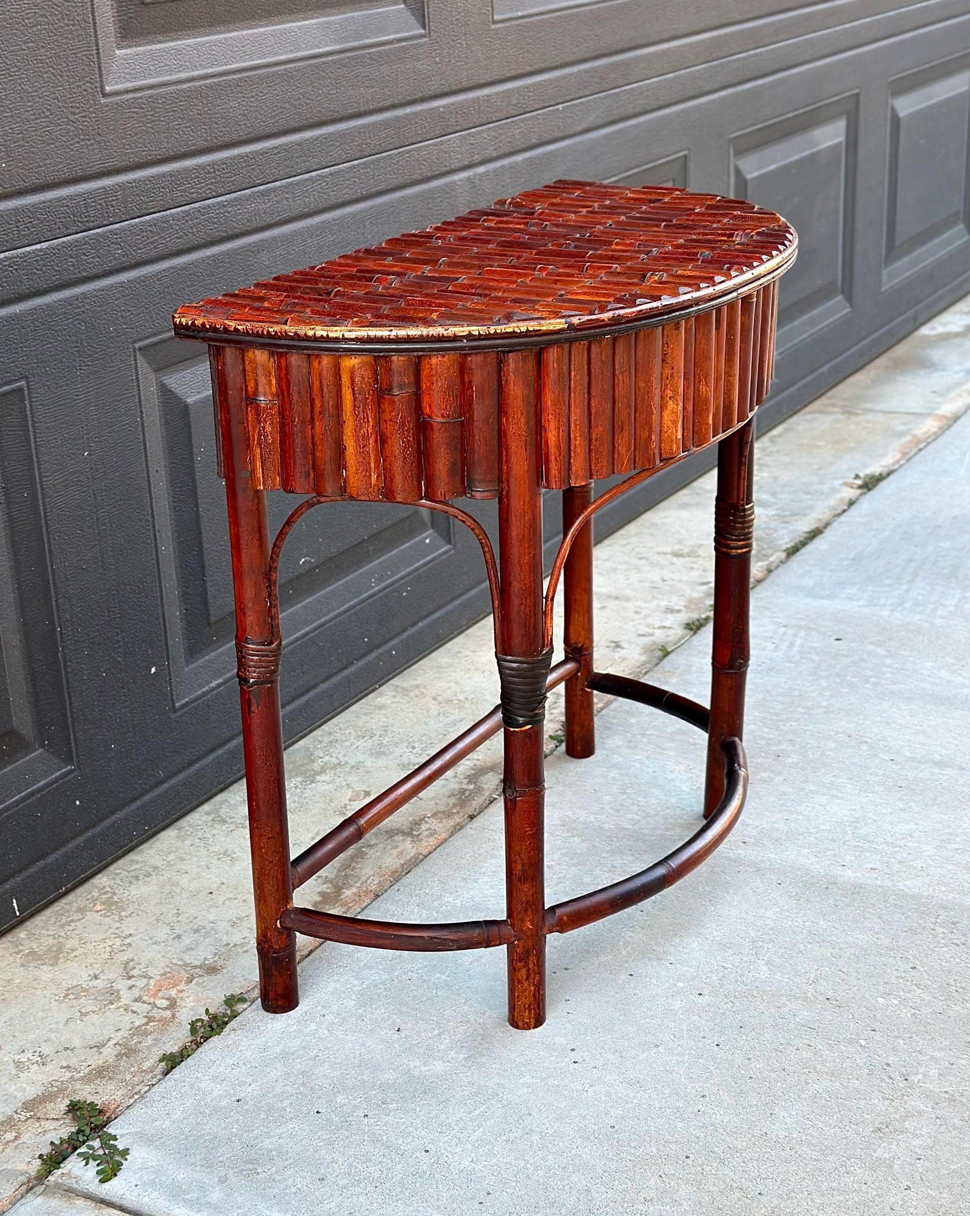 Vintage Mid 1900's Small Reeded Bamboo Half Round Accent Table