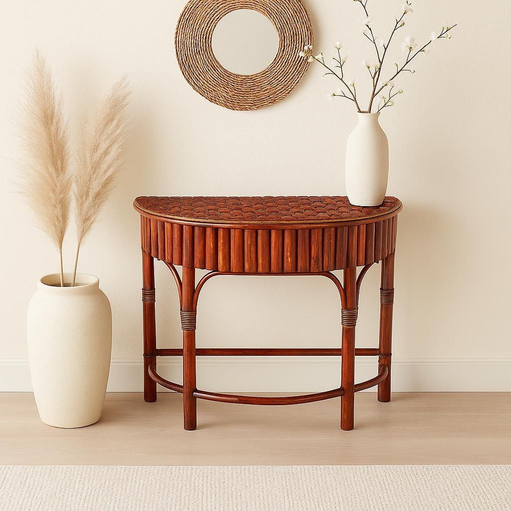 Vintage Mid 1900's Small Reeded Bamboo Half Round Accent Table