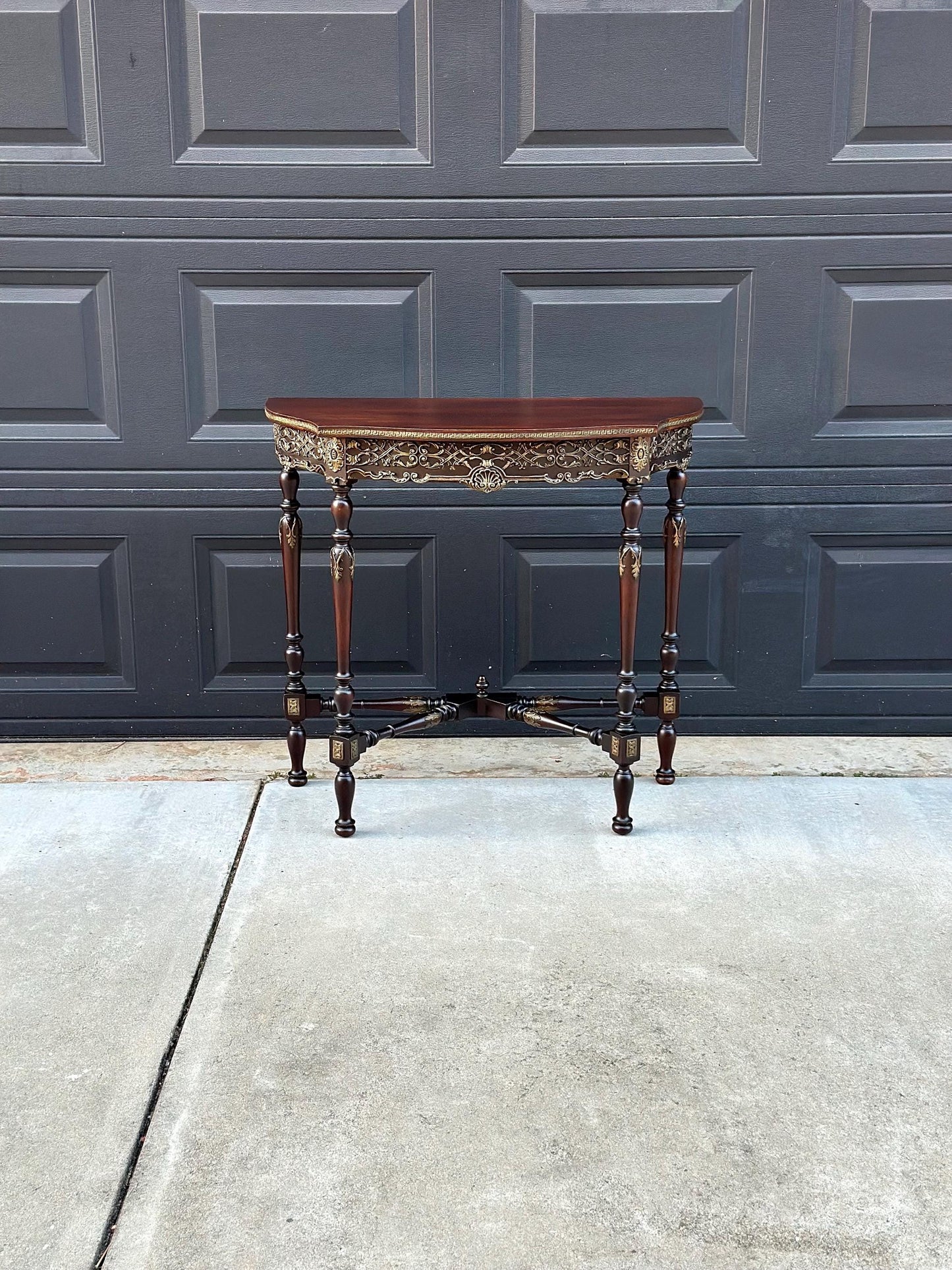 Antique Late 1800's Solid Wood Bowfront Half Round Carved Mahogany Accent Table