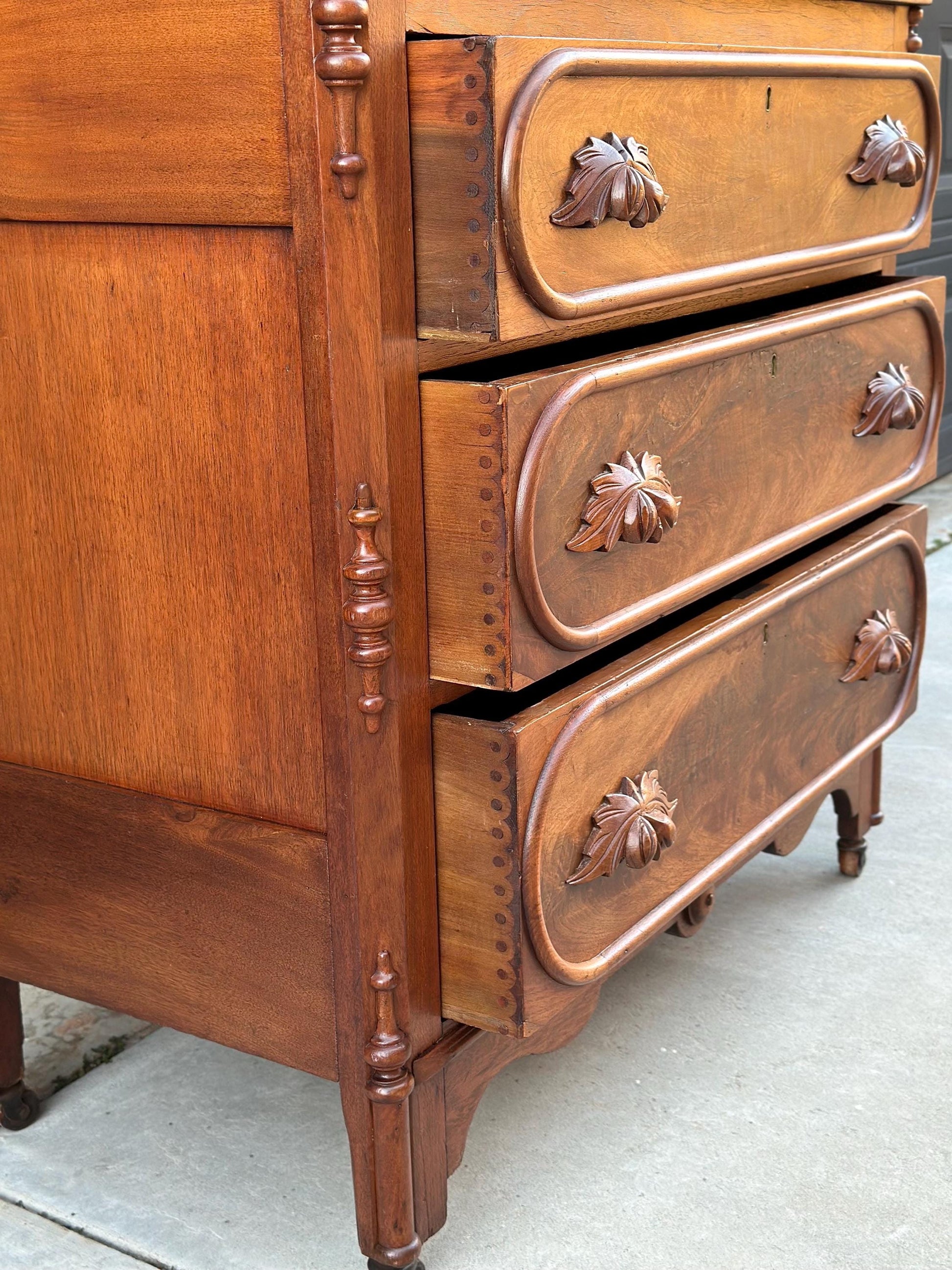 Antique Mid 1800's Walnut Wood & Marble Three Drawer Victorian Dresser on Casters