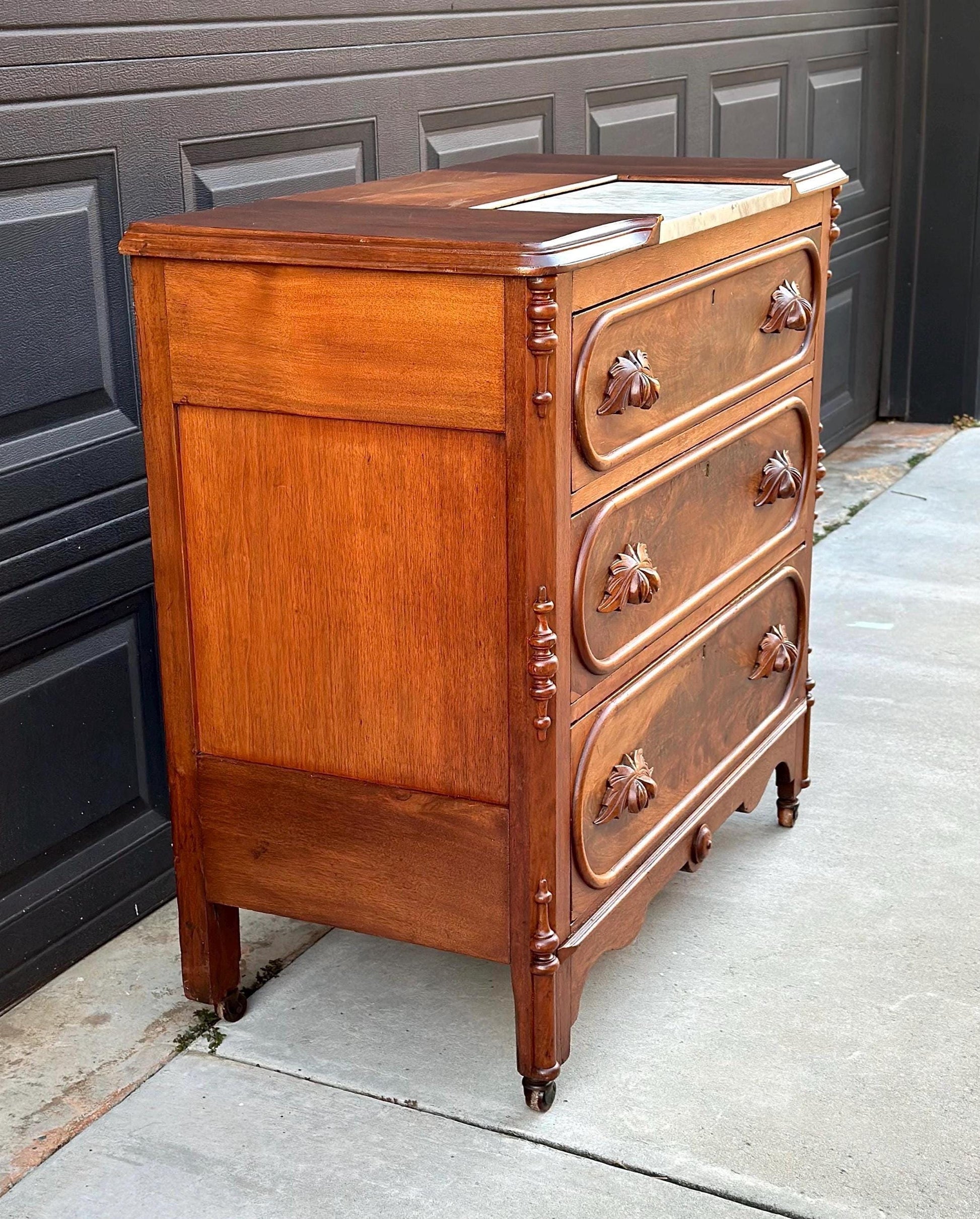 Antique Mid 1800's Walnut Wood & Marble Three Drawer Victorian Dresser on Casters