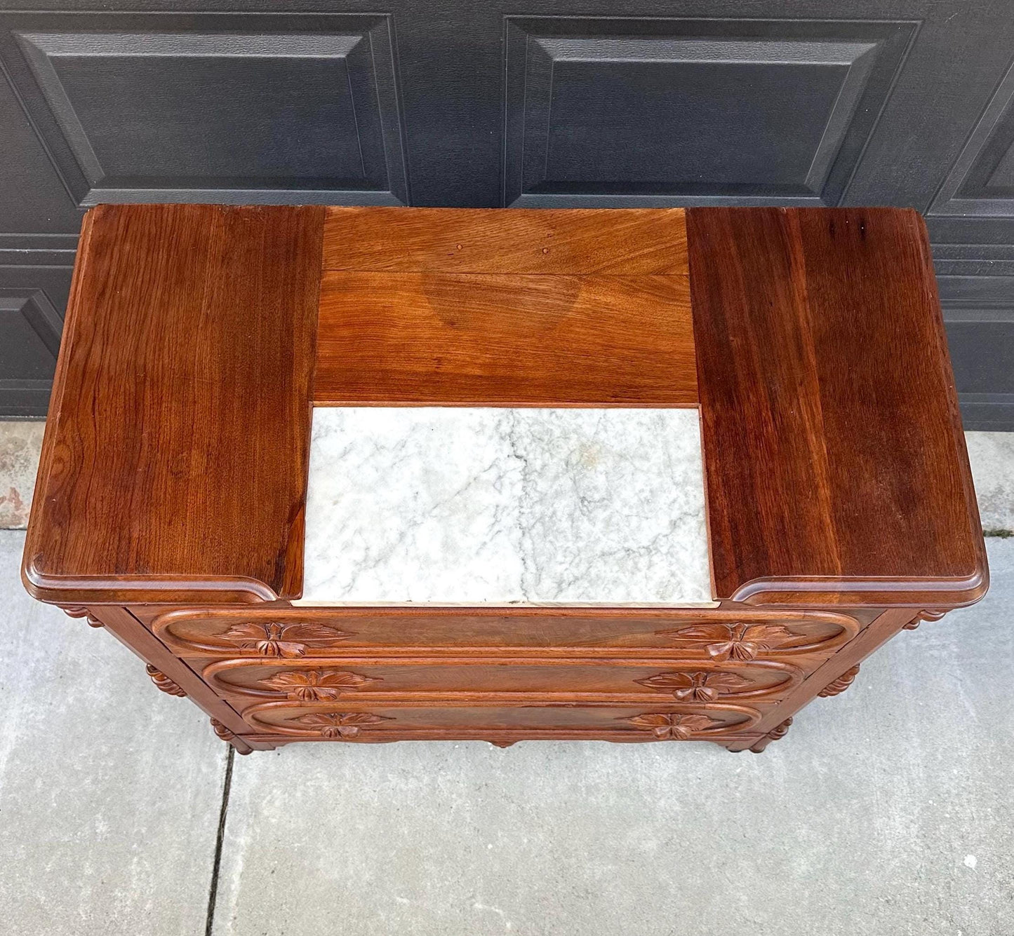 Antique Mid 1800's Walnut Wood & Marble Three Drawer Victorian Dresser on Casters