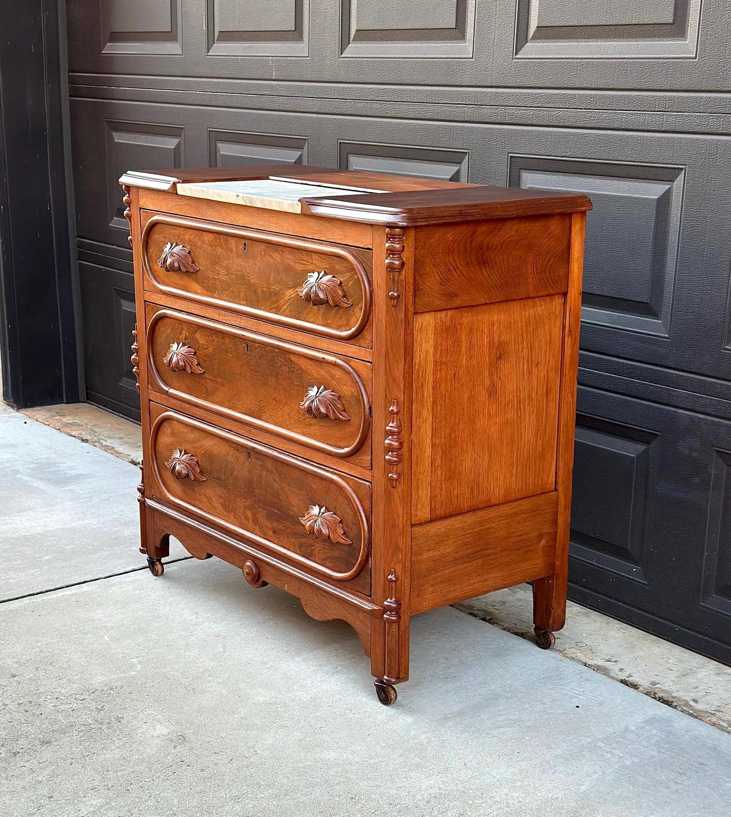 Antique Mid 1800's Walnut Wood & Marble Three Drawer Victorian Dresser on Casters
