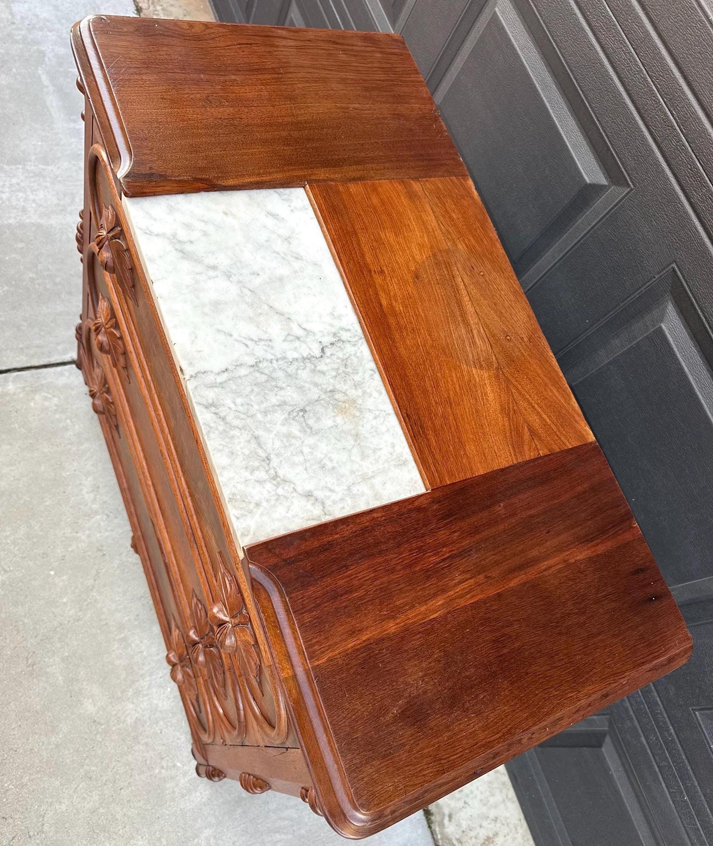 Antique Mid 1800's Walnut Wood & Marble Three Drawer Victorian Dresser on Casters