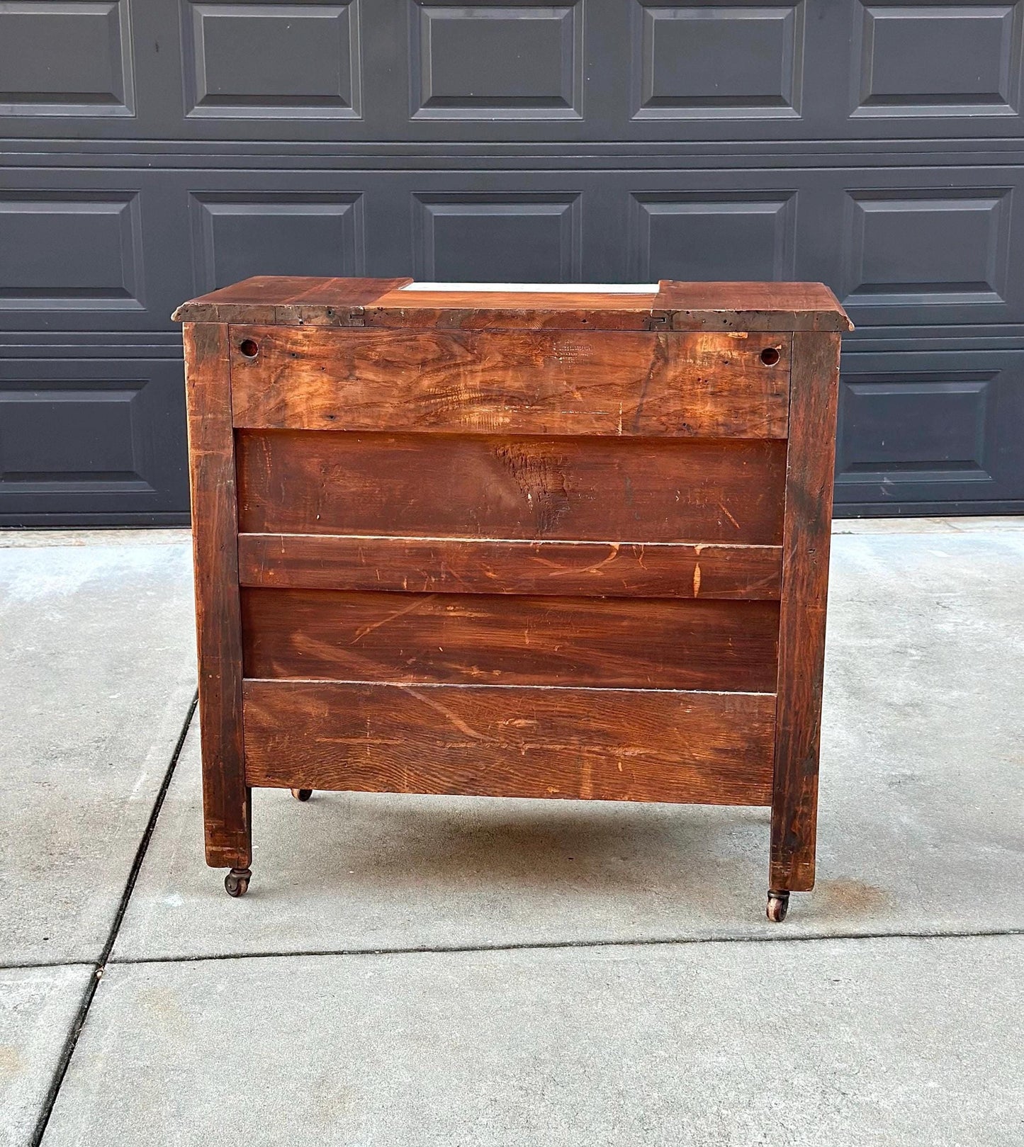 Antique Mid 1800's Walnut Wood & Marble Three Drawer Victorian Dresser on Casters
