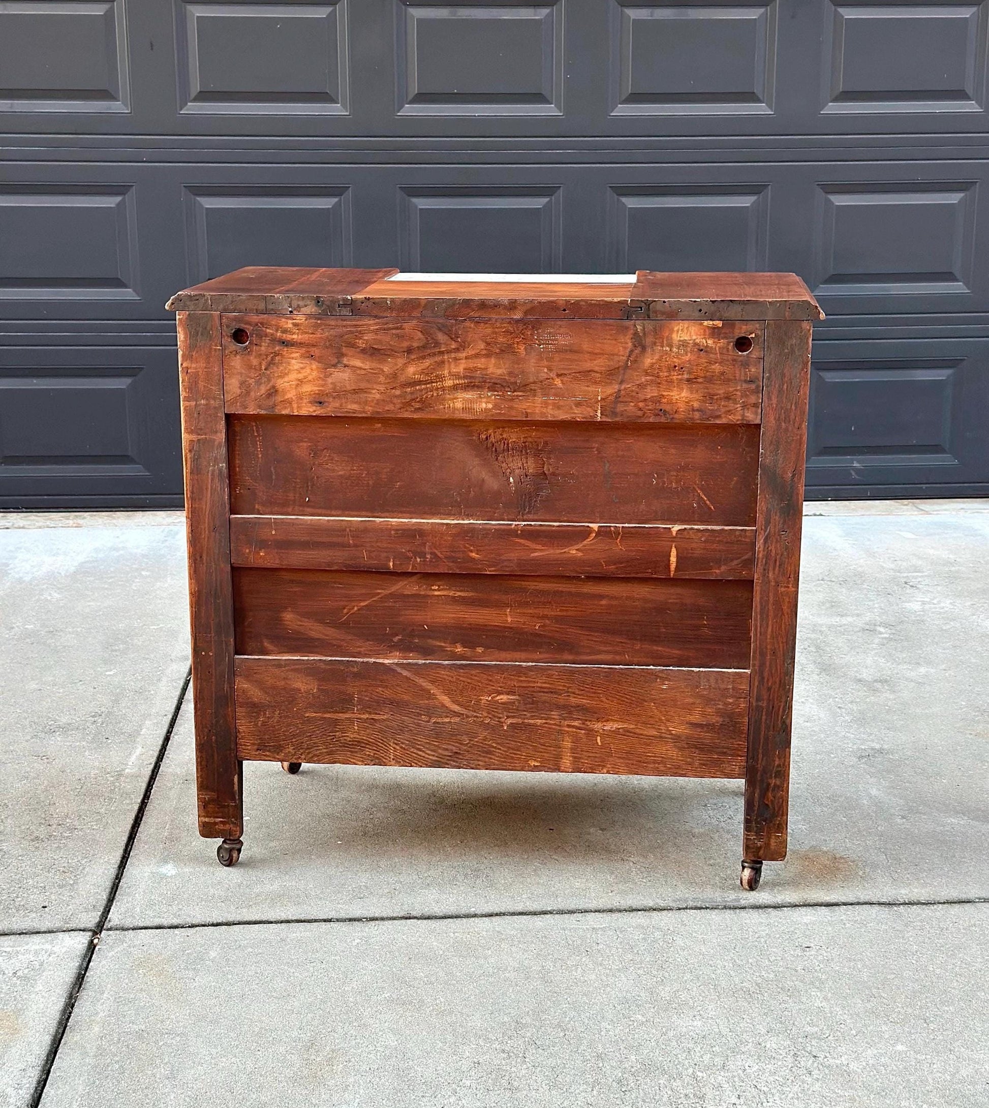 Antique Mid 1800's Walnut Wood & Marble Three Drawer Victorian Dresser on Casters