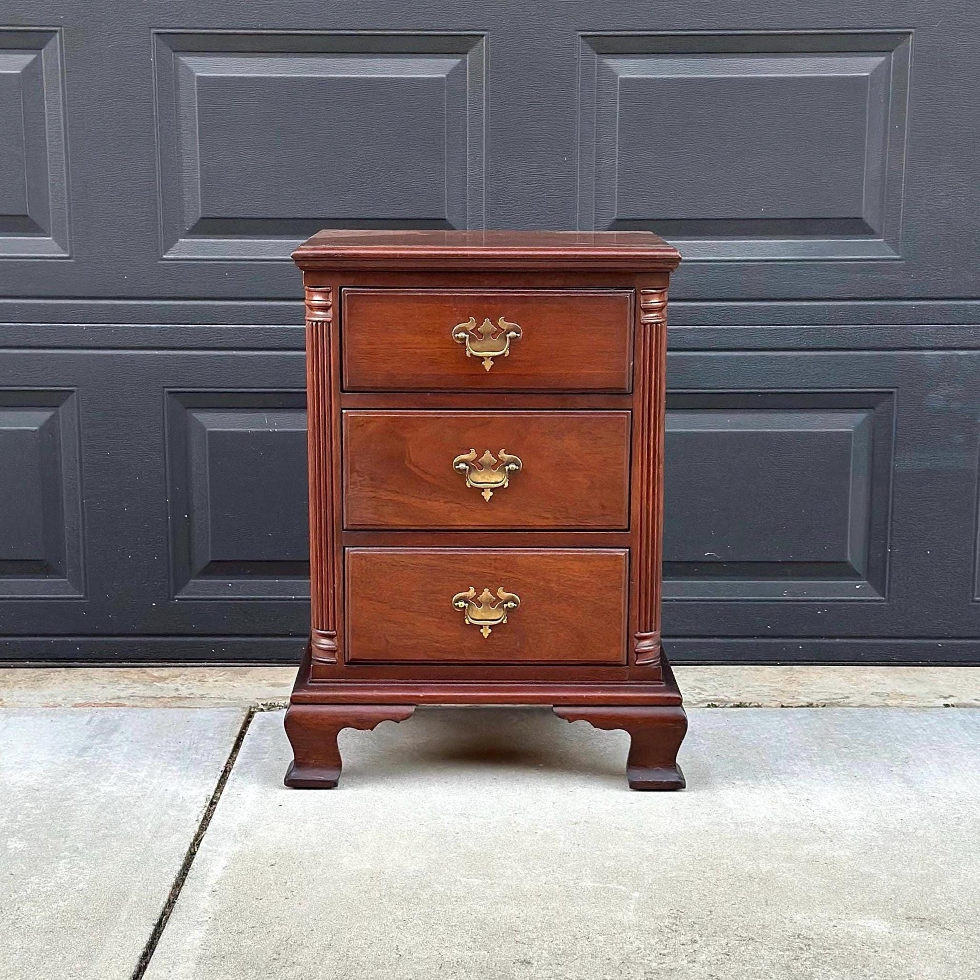 Vintage Mid 1900's Solid Wood Three Drawer Narrow Mahogany Nightstand